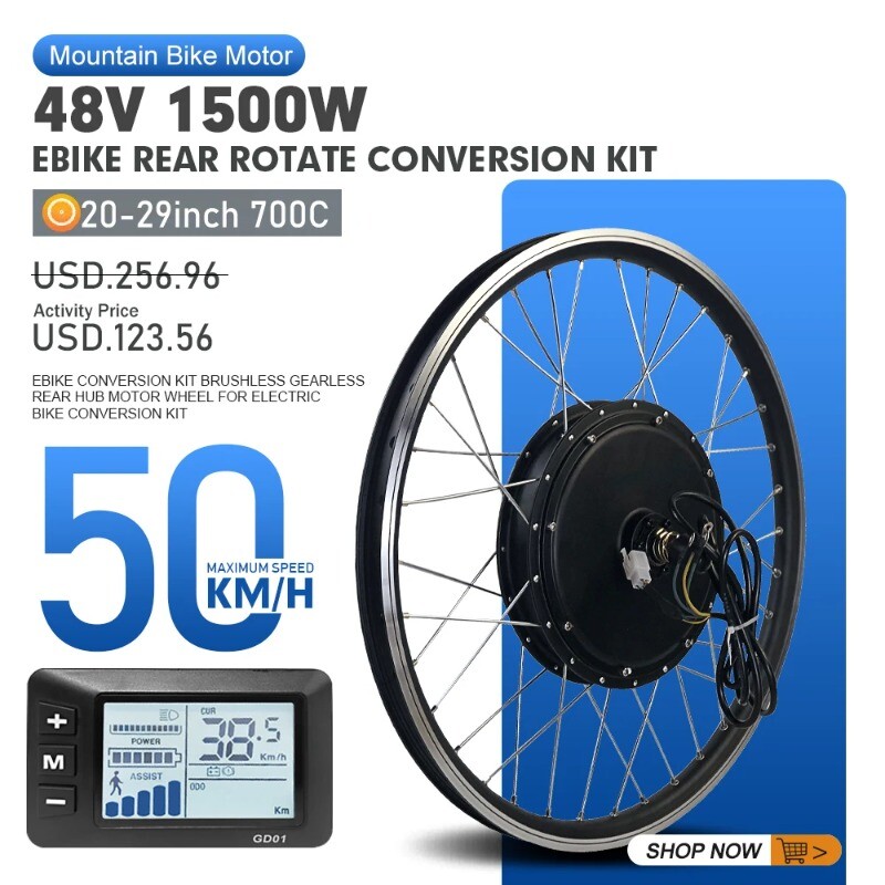 48V 1500W Electric Bike Conversion Kit Mountain Bike Rear Rotate Wheel Hub Motor