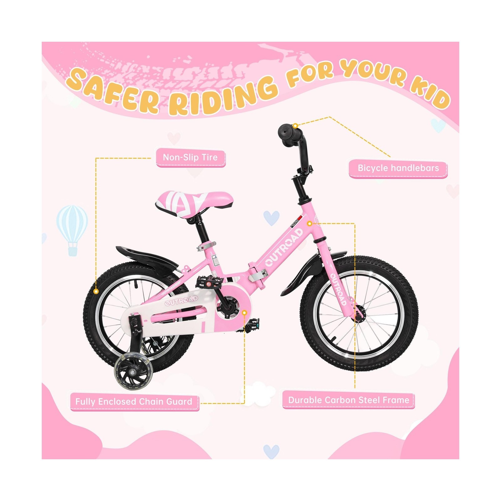 14 Inch Folding Kids Bike w/ Training Wheels, Gifts for Girl&Boy Age 3-10 Years