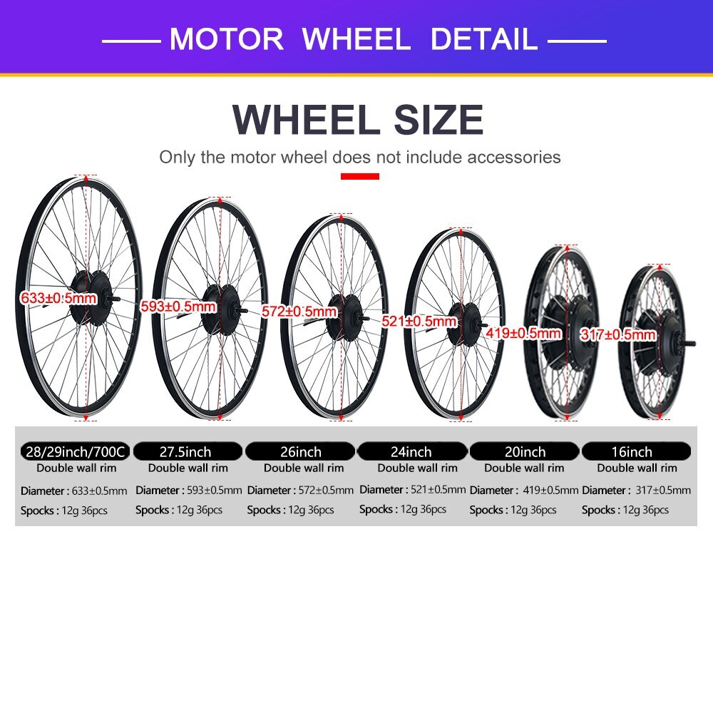 250W-2000W E-bike Conversion Kit 20-29inch/700C Front/Rear Only Motor Wheel