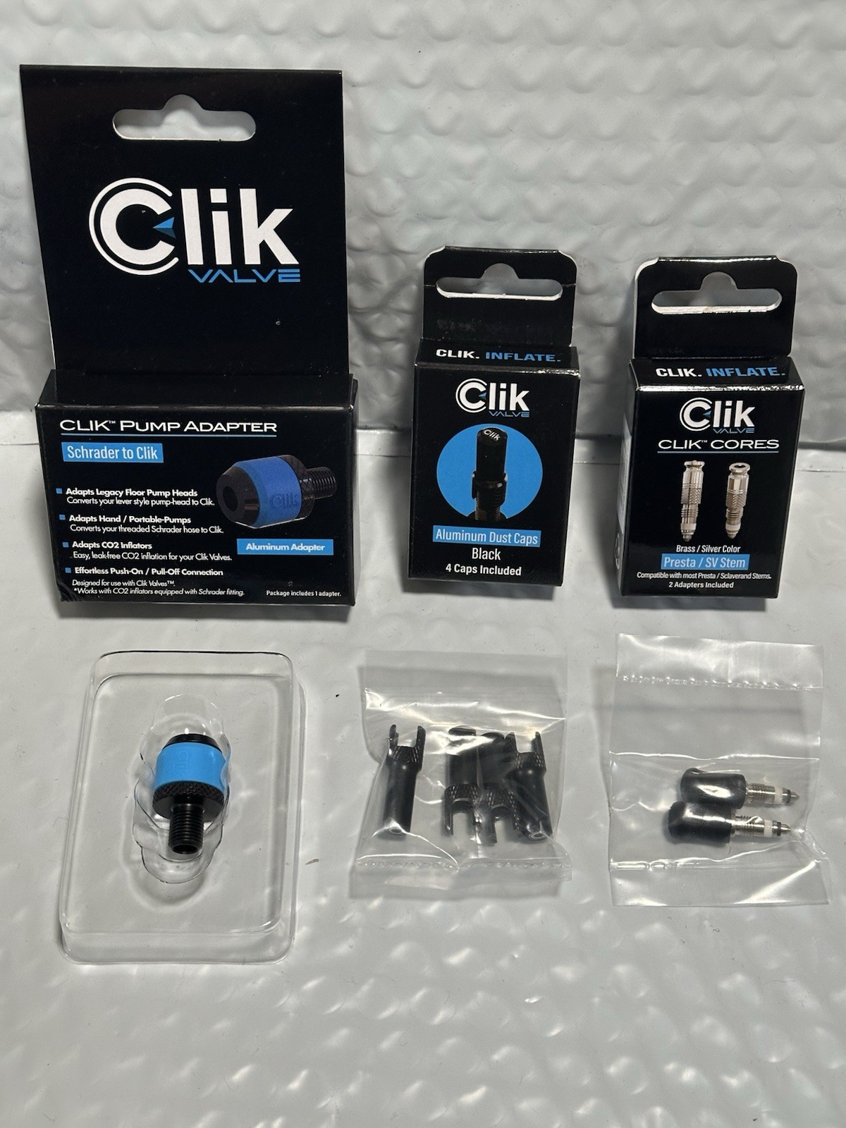 Clik Valve Schrader Pump Head Adapter, Clik Cores And Aluminum Dust Cap Set Of 3