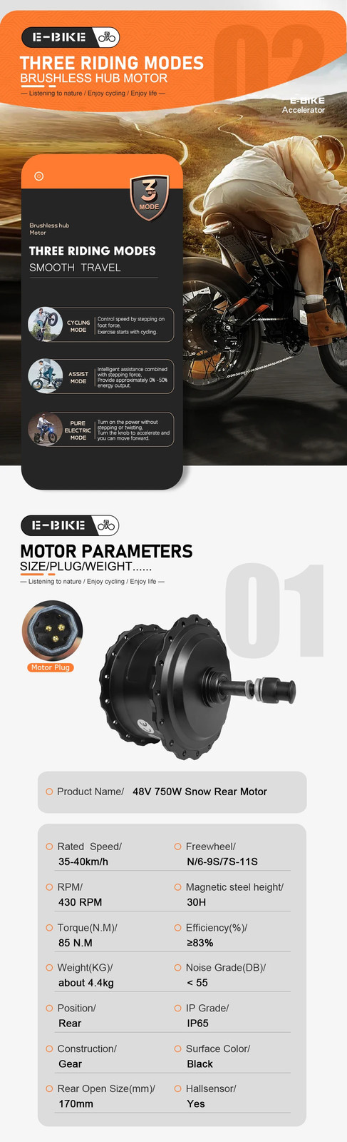 48V 750W Snow Electric Fat Bike 4.0 Tire Rear Rotate Brushless Hub Motor Wheel
