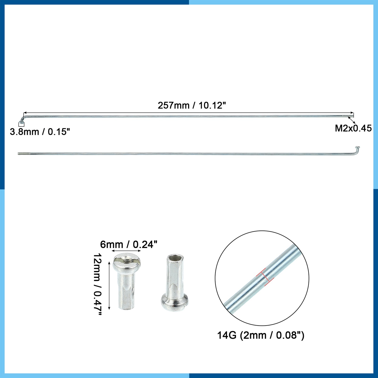 36 Pcs 14G J Bend 257mm x 2mm Bicycle Spokes with Nipples Steel Silver Tone Auto