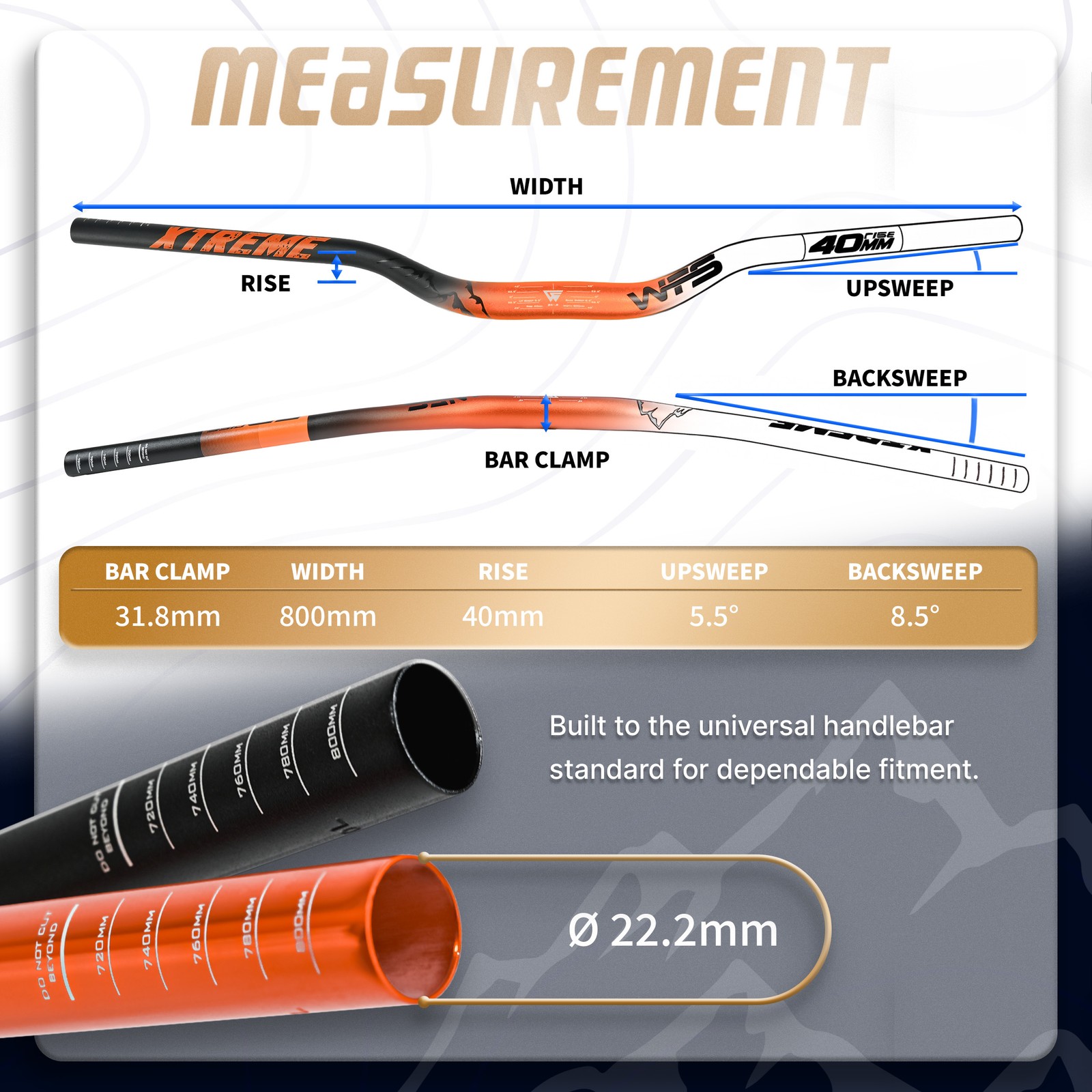 WFS Xtreme 31.8 x 800mm Handlebar 40mm Rise, Silver