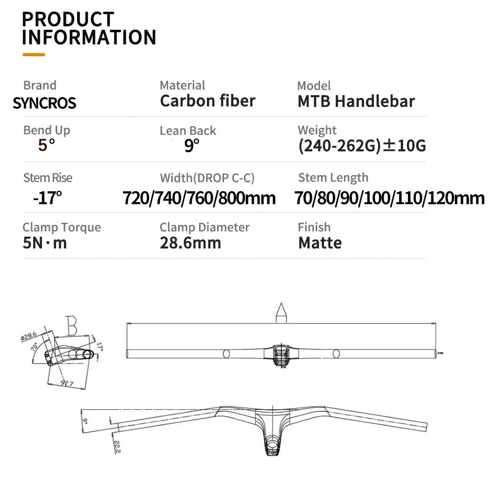SYNCROS -17 Degree Integrated Handlebar MTB Carbon Matte Riser Flats Handlebars