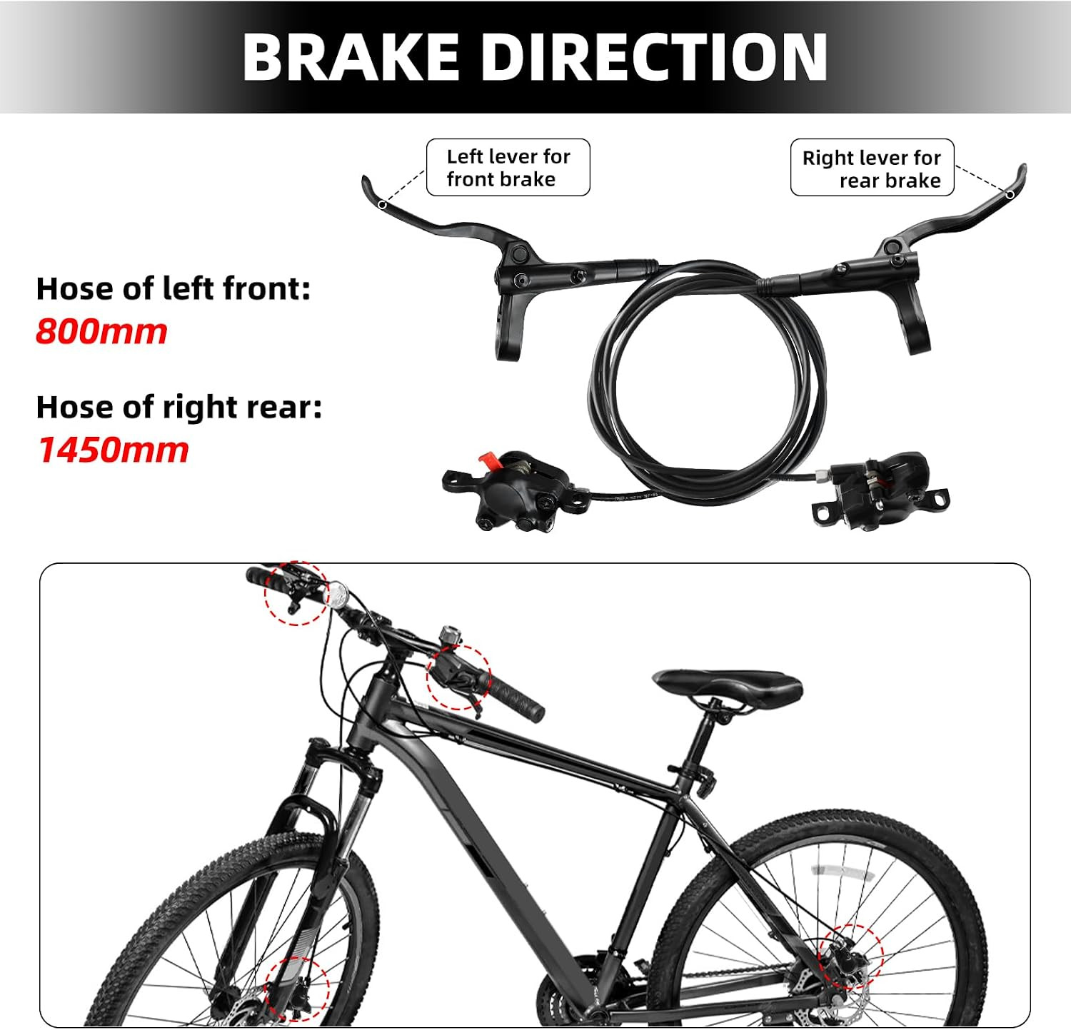 MT200 MTB Hydraulic Disc Brakes Set Left Front 800mm Right Rear 1450mm Mountain