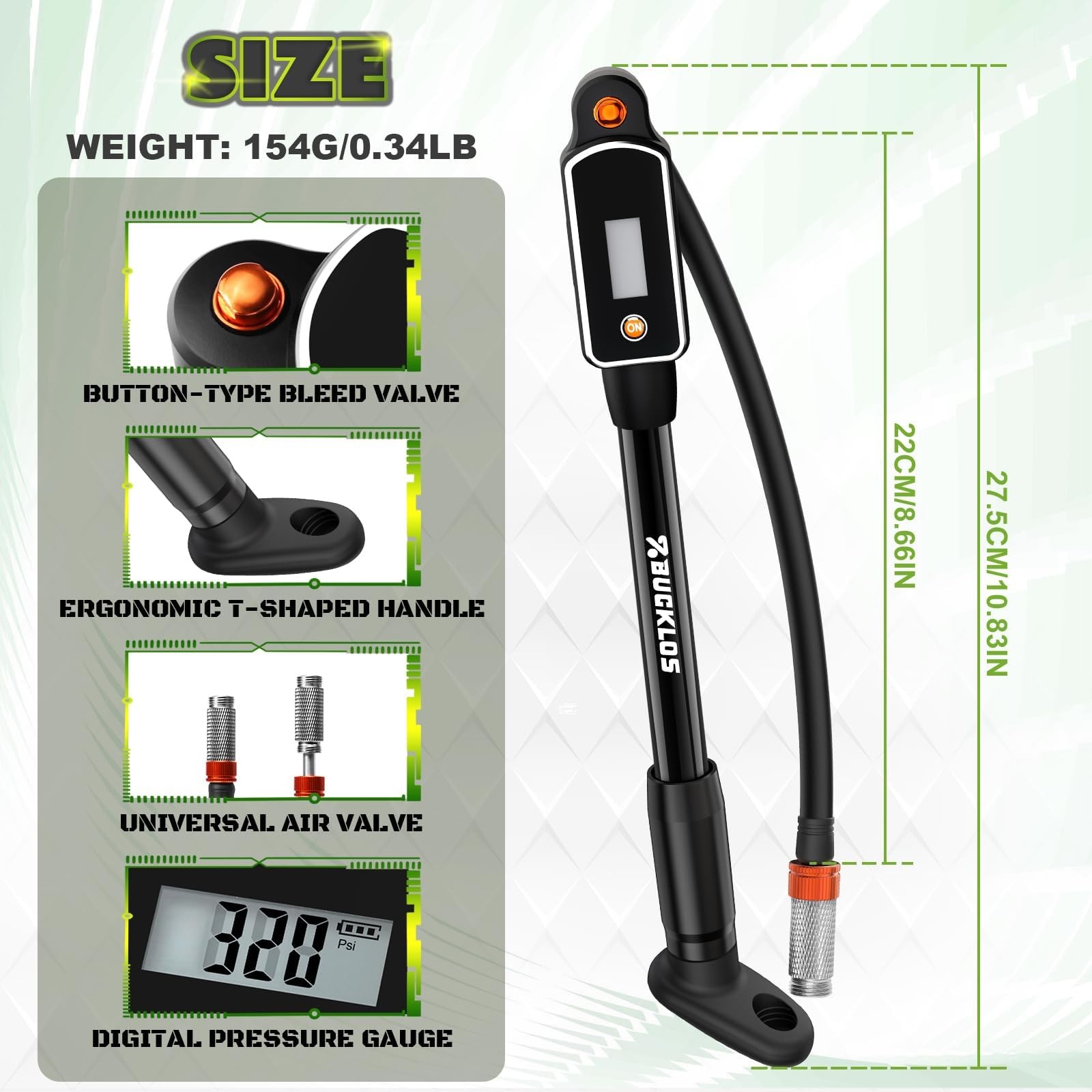 «Bike Shock Pump with Digital Gauge for Mountain & Road Bikes 320 PSI»