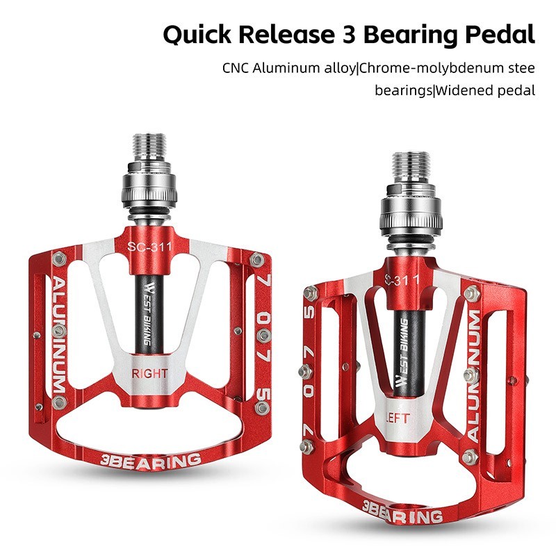 WEST BIKING Quick Release MTB Bike Bicycle Pedals 3 Sealed Bearing a Pair Red