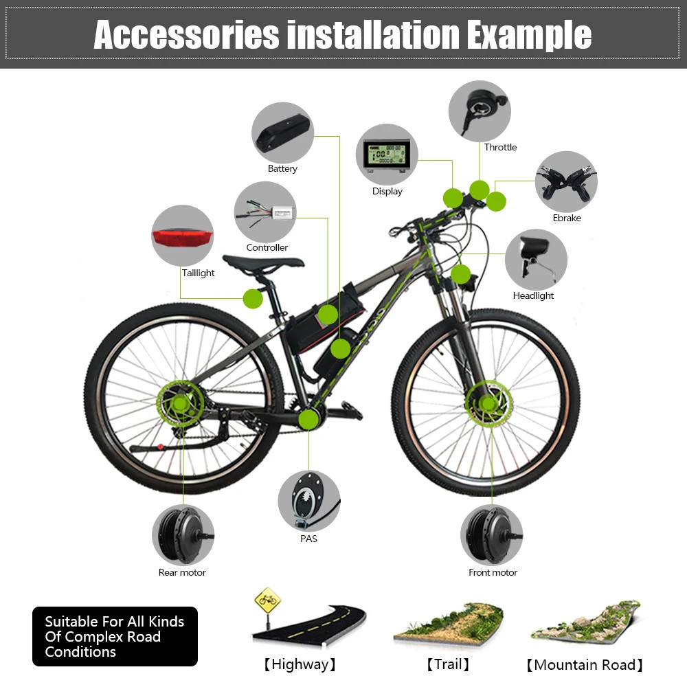 48V 2000W Mountain E-bike Front Drive Brushless Gearless Motor 20-29 Inch 700C