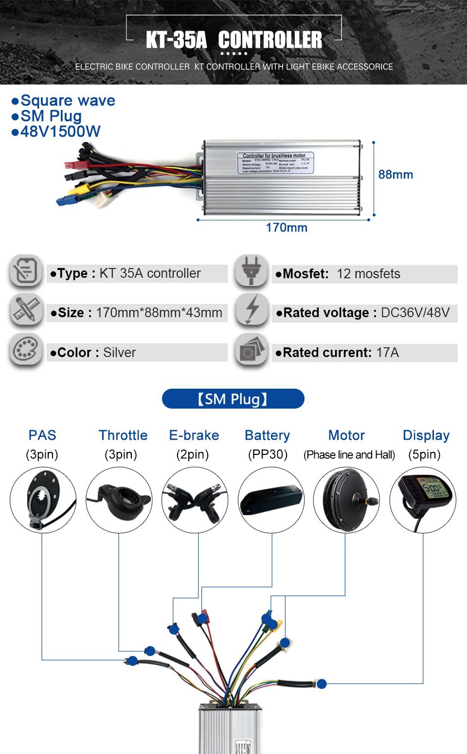 Electric Bike Controller 24V 36V 48V 250W-1500W Squarewave Controller