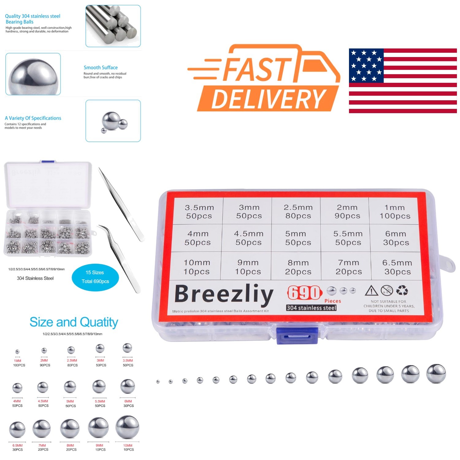 Precision Ball Bearings Set 690 Pieces 304 Stainless Steel Assortment Kit