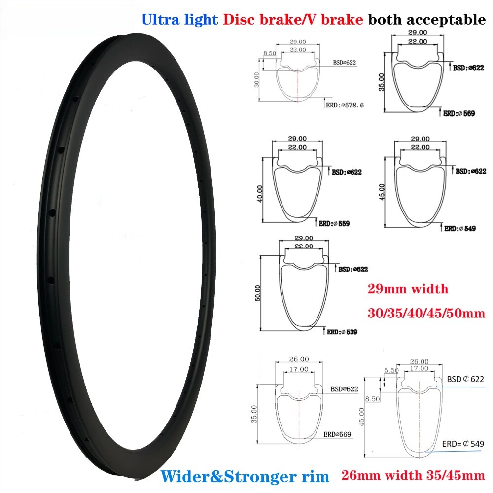Carbon Bike Rims 30-50mm Deep Clincher Tubeless V/Disc Brake 26mm/29mm Wider