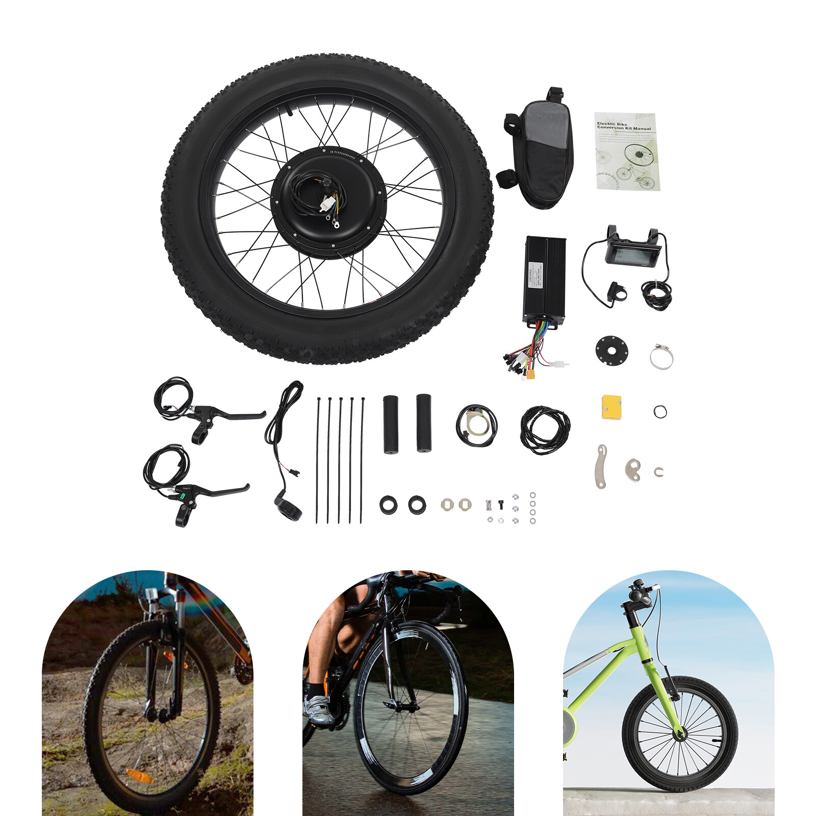 24″ Brushless Gearless Electric Bike E-Bike Front Wheel Conversion Kit 48V 1500W