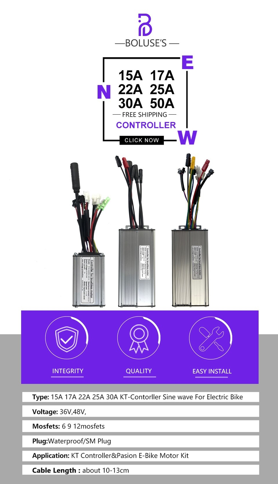 Squarewave Controller 15A-50A SM/Waterproof Plug Electric Bike Controller
