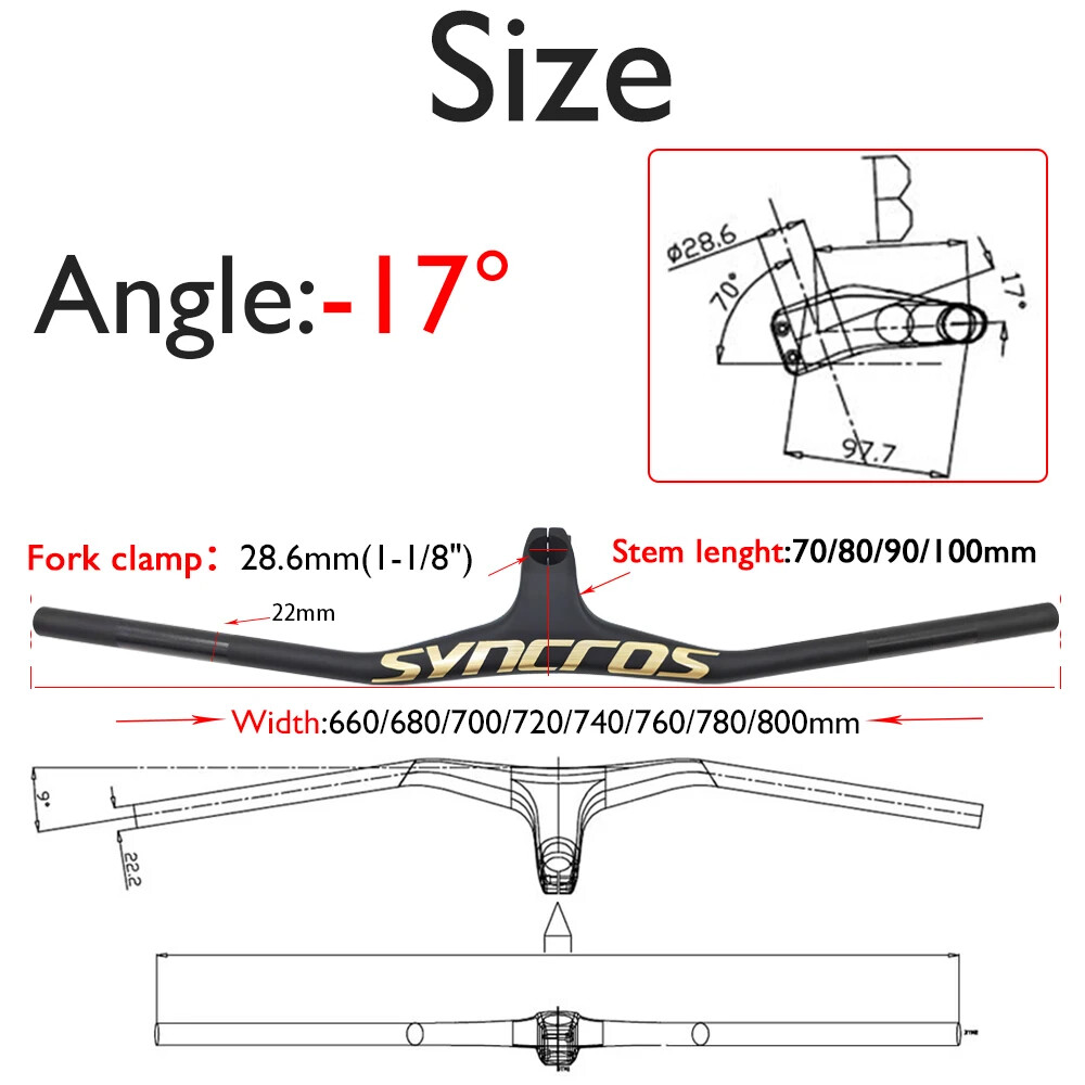 -17° Integrated Cockpit MTB Carbon Handlebars 28.6mm 660-800mm Width Riser Bar