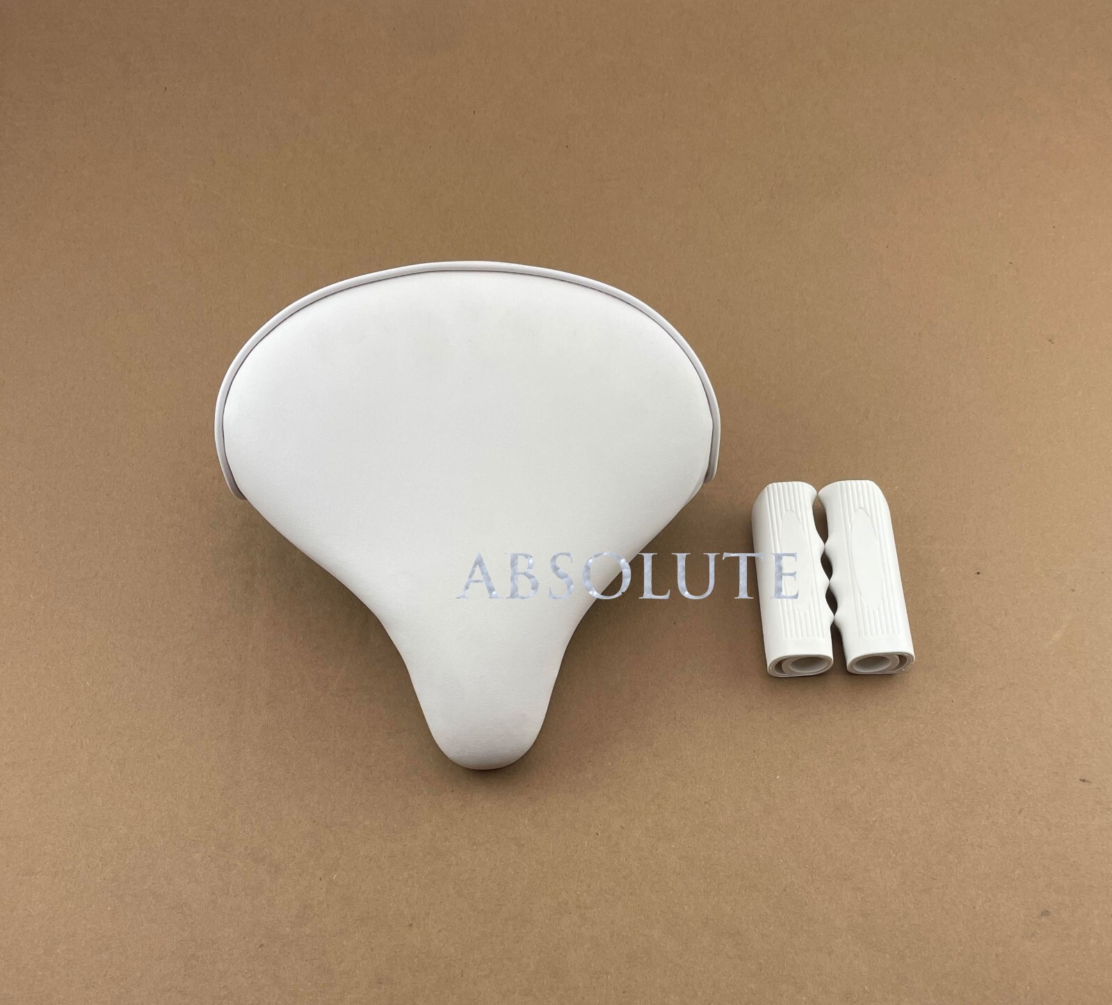 NEW! ABSOLUTE BEACH CRUISER VINYL SADDLE 209 IN ALL WHITE W/ WHITE CUSTOM GRIPS.
