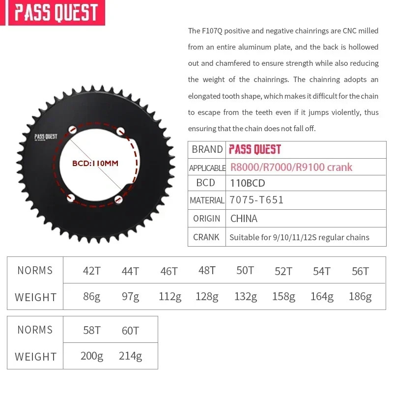Pass Quest 110 BCD Chainring Road Bike Chainwheel for Shimano R7000 Chain Ring