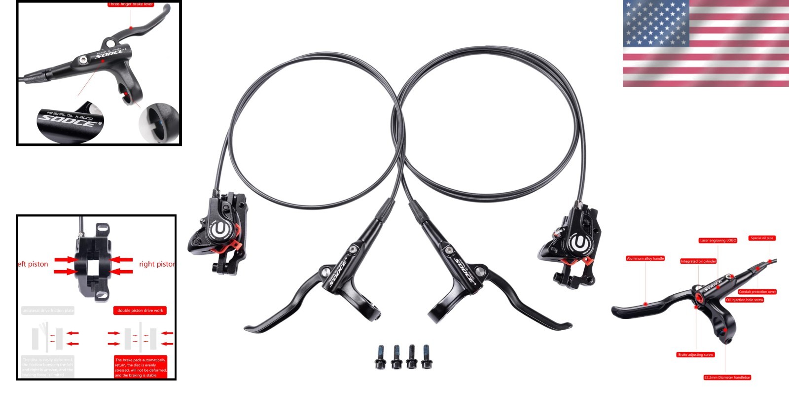 Hydraulic Disc Brake Set for Mountain Bike Left Front 1000mm Right Rear 1700mm