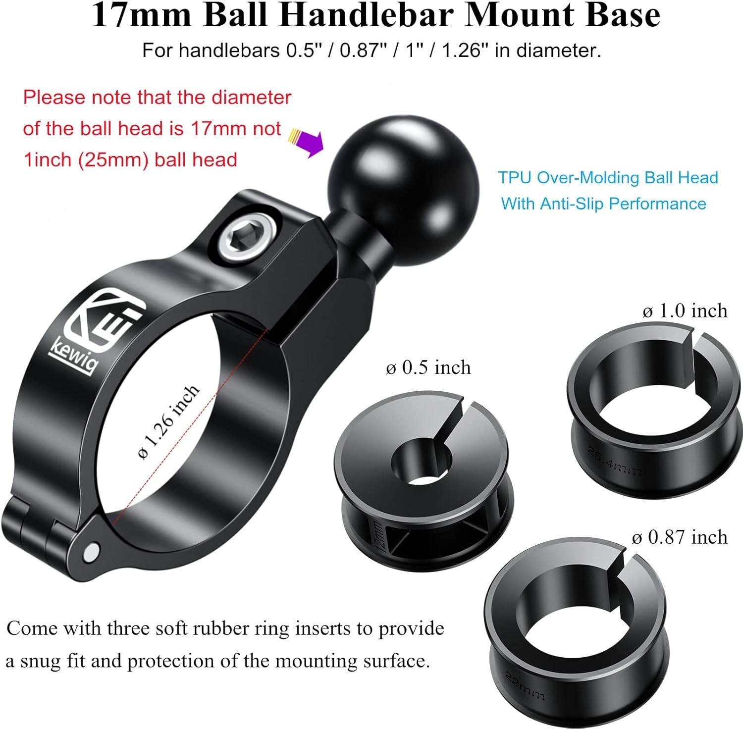 Aluminum Alloy Handlebar Clamp Mount Base with 17Mm TPU Ball for round Rails Dia