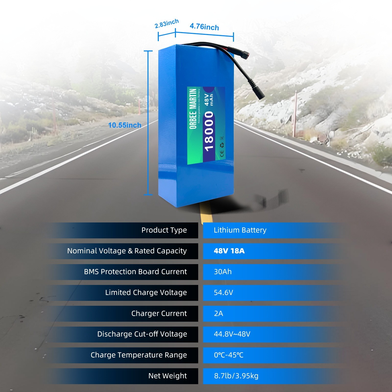 ORBEE MARTIN 48V 18Ah Rechargeable Battery, Lithuim Battery,XT60 Connector DIY
