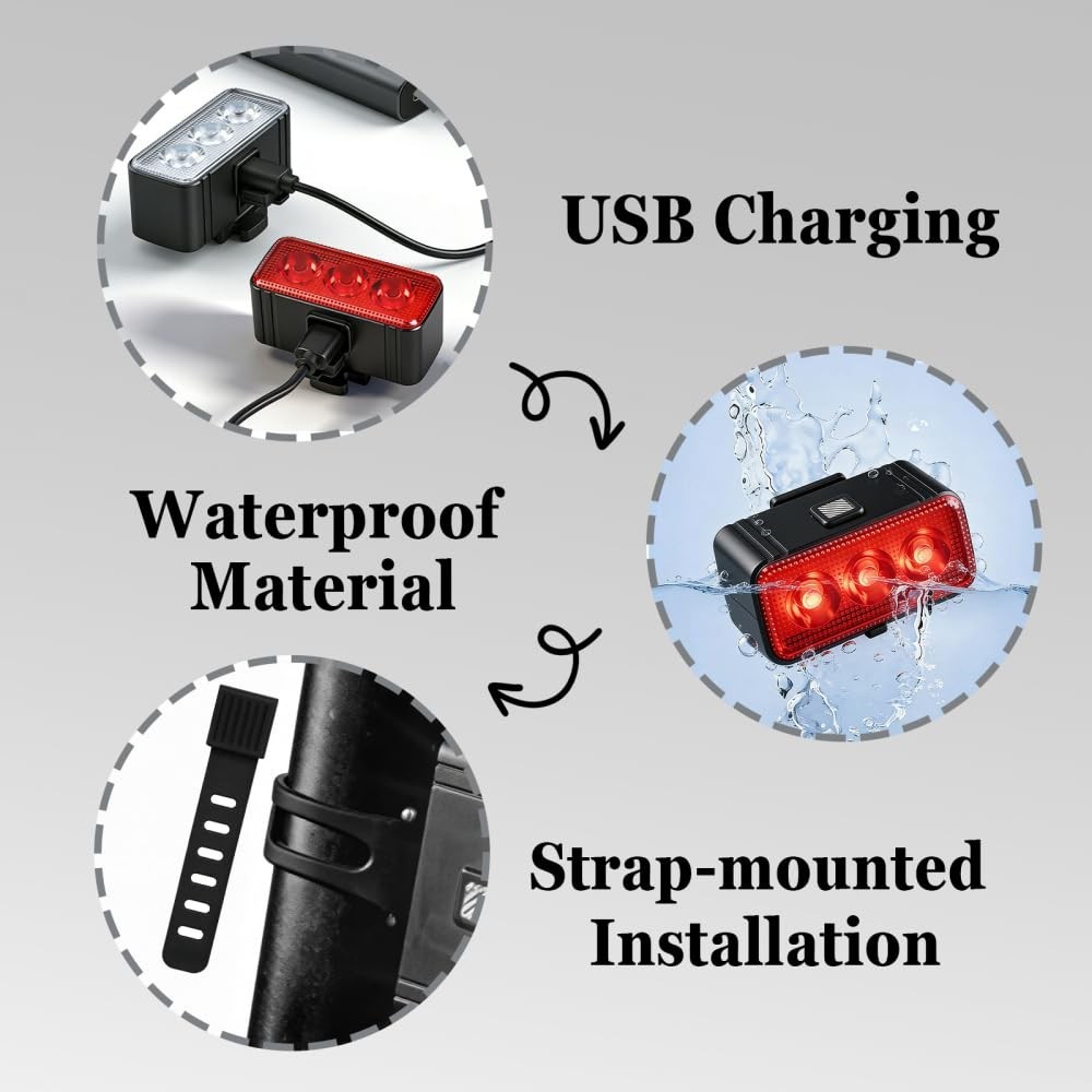 Bike Light Set 2PCS Rechargeable LED Front Light 5 Modes Taillight 7 Modes