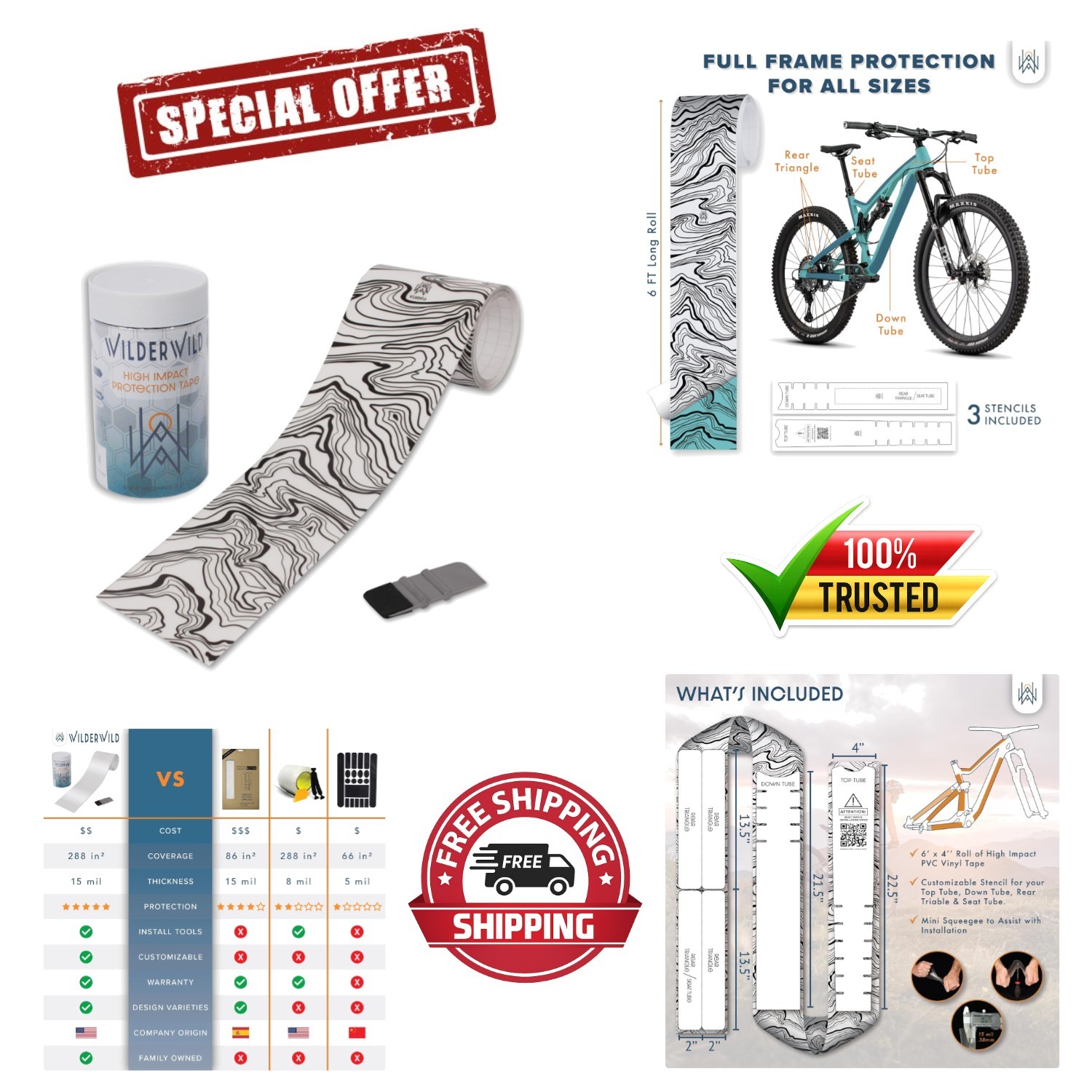 Universal 4″x72″ Mountain Bike Frame Tape with Installation Tool – Marble Style