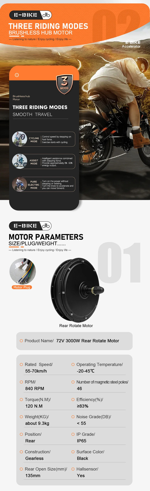 Ebike Bicycle Conversion Kit 72V 3000W Rear Rotate Hub Motor Wheel 20-29In 700C