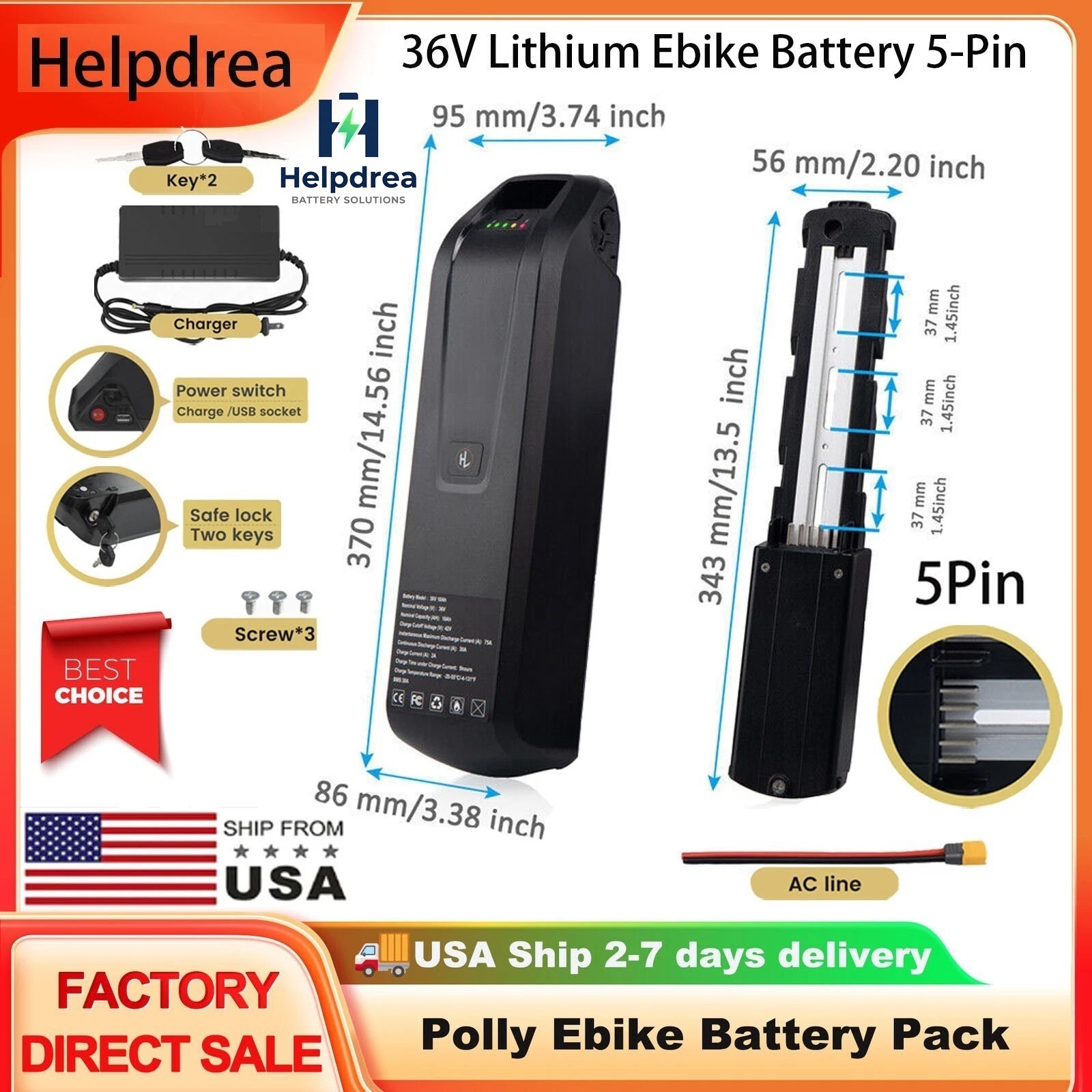 36V Lithium Hailong Ebike Battery 5-Pin for 48V 200W-1000W Electric Bike 30A BMS