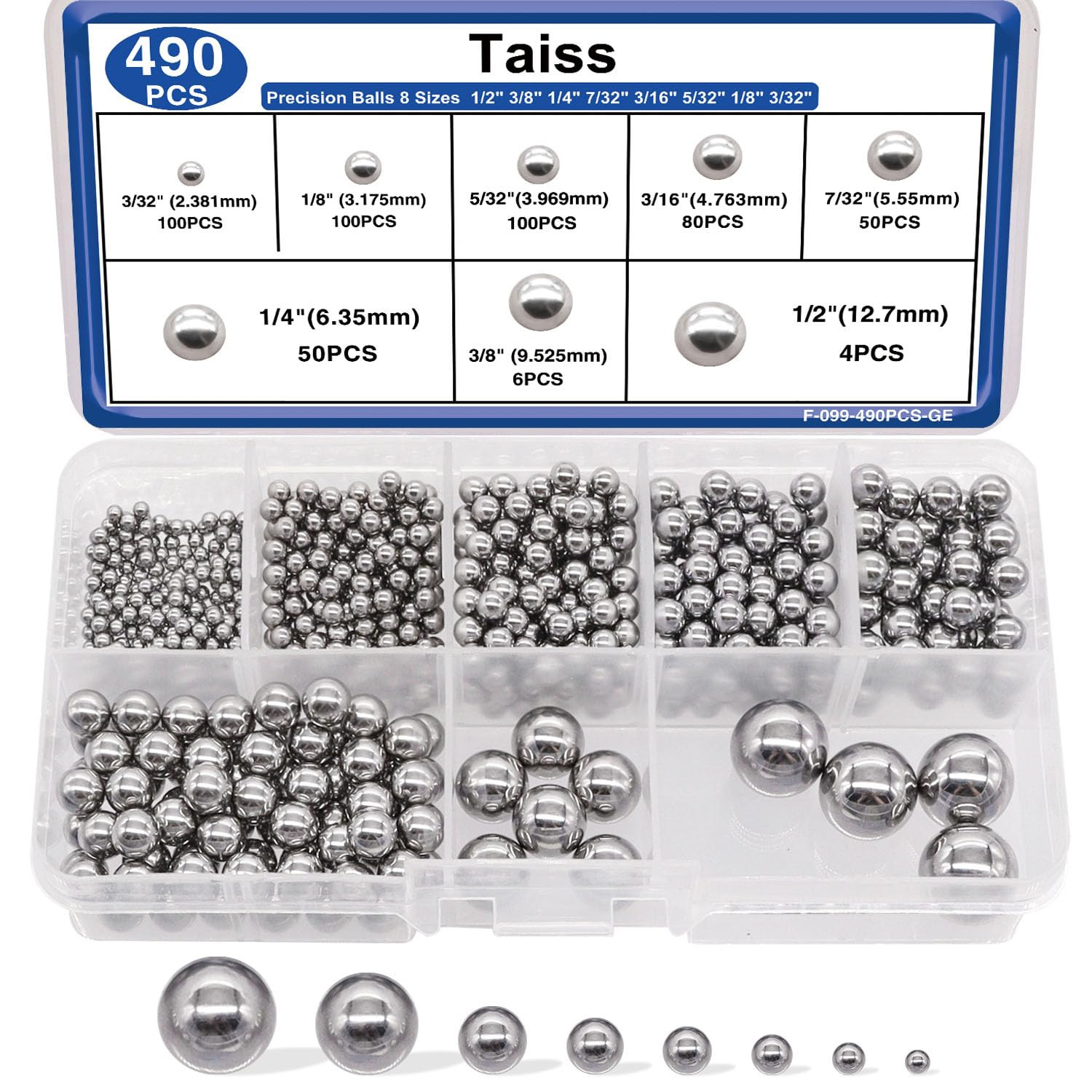 490PCS Precision Balls 8 Sizes,Bicycle Bearing Balls 1/2″ 3/8″ 1/4″ 7/32″ 3/16″