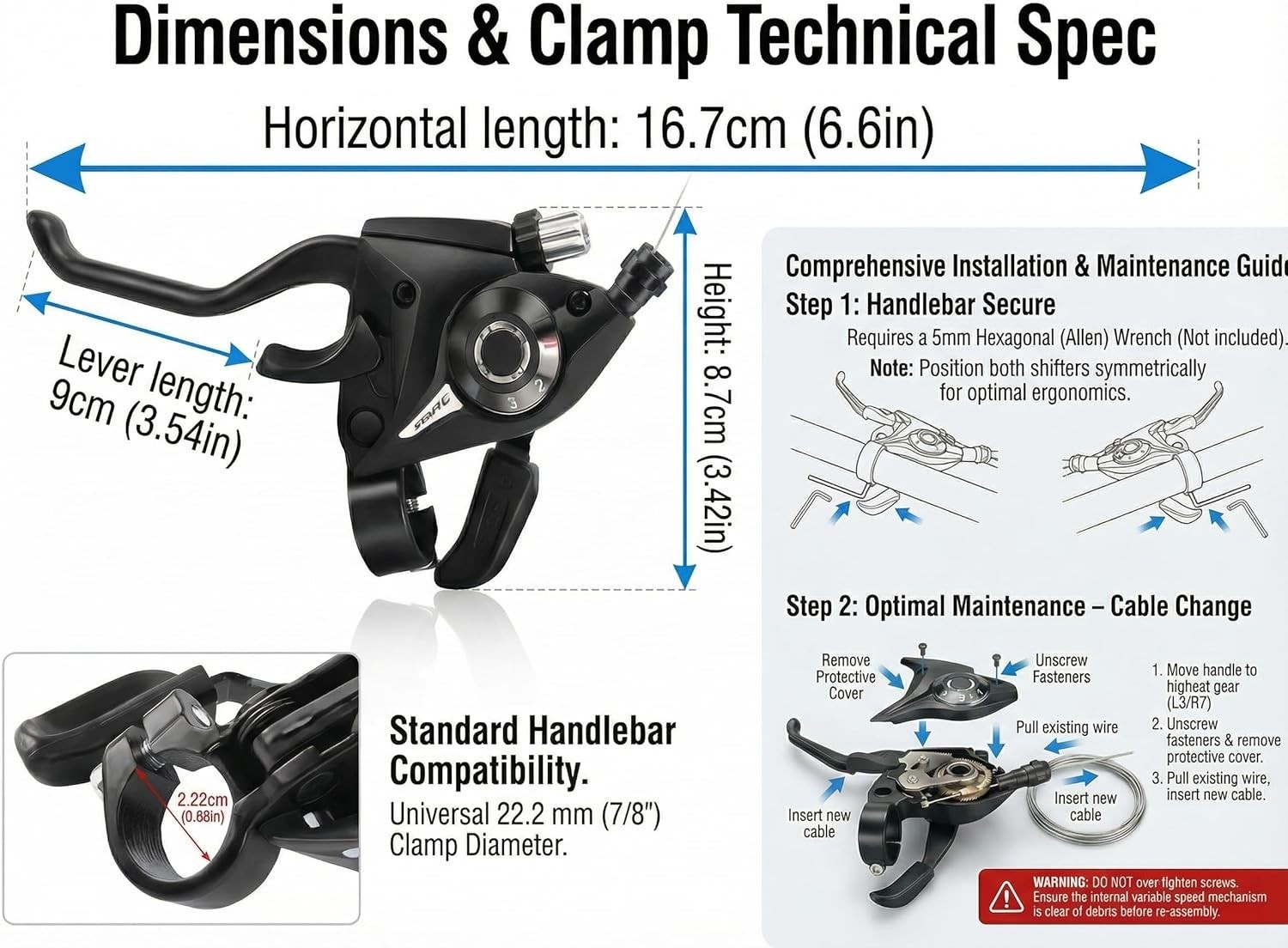 Universal Bicycle Gear Shifter with Ambidextrous Design and Installation Kit