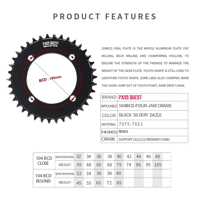 104BCD Mountain Bike Road Bike Narrow Wide Round Chainring 32-48T Chainwheel