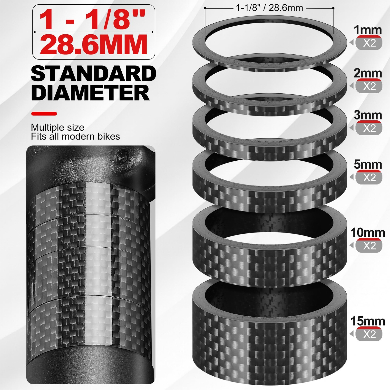 Mihoutal 12 PCS Carbon Fiber Bike Headset Spacers, Bike Stem Spacers 1 1/8 In