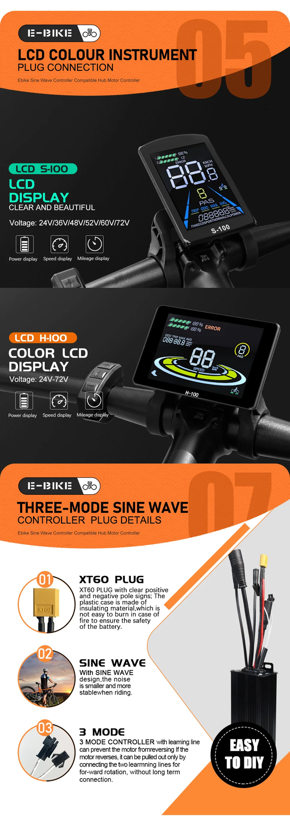 Electric Bike Sinewave 3 Mode 17A26A30A40A Controller 24V/36V/48V/52V Motor