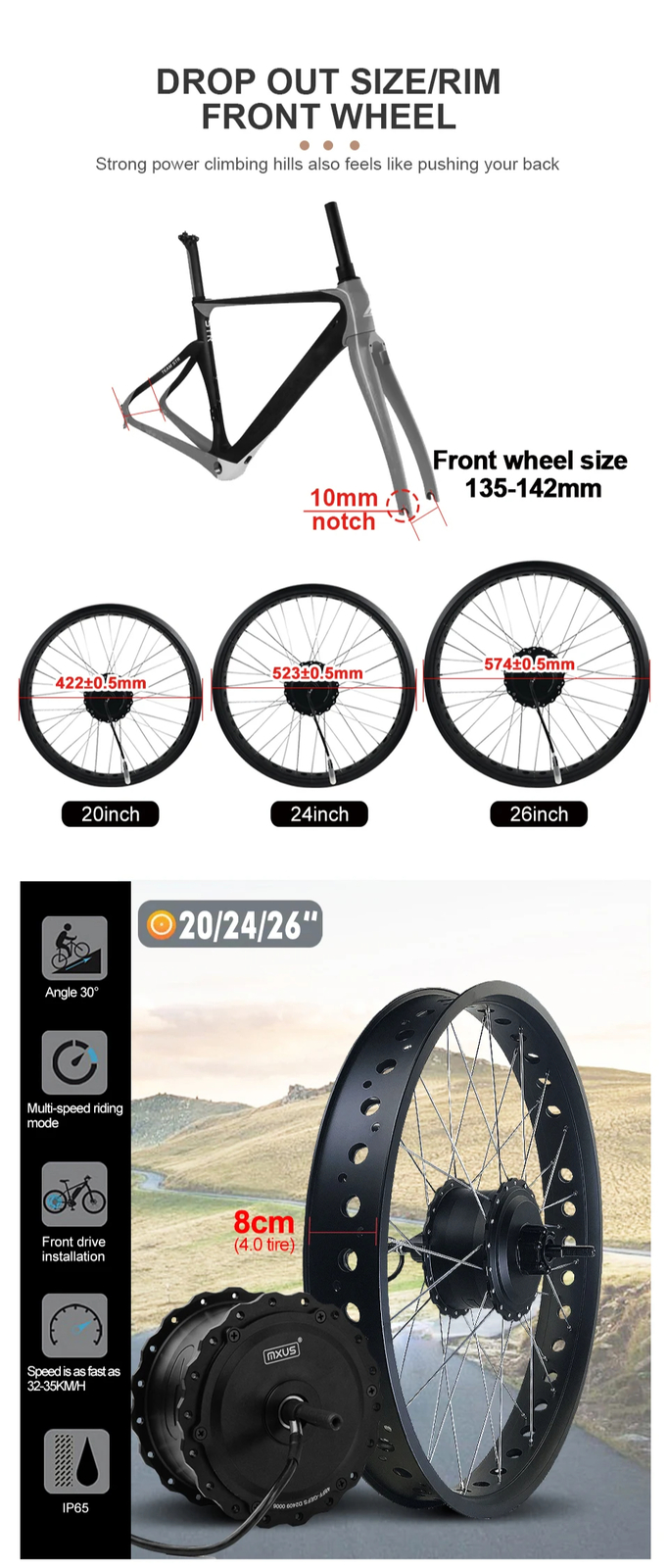 E-bike Conversion Kit 48V 750W 20/24/26inch Front Hub Motor Wheel Dropout 135mm