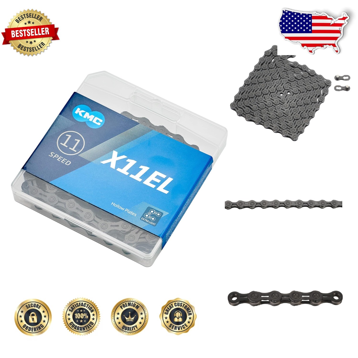KMC X11EL 11-Speed MTB/Road Chain – Black, Lightweight, Ansi B29.1 Certified