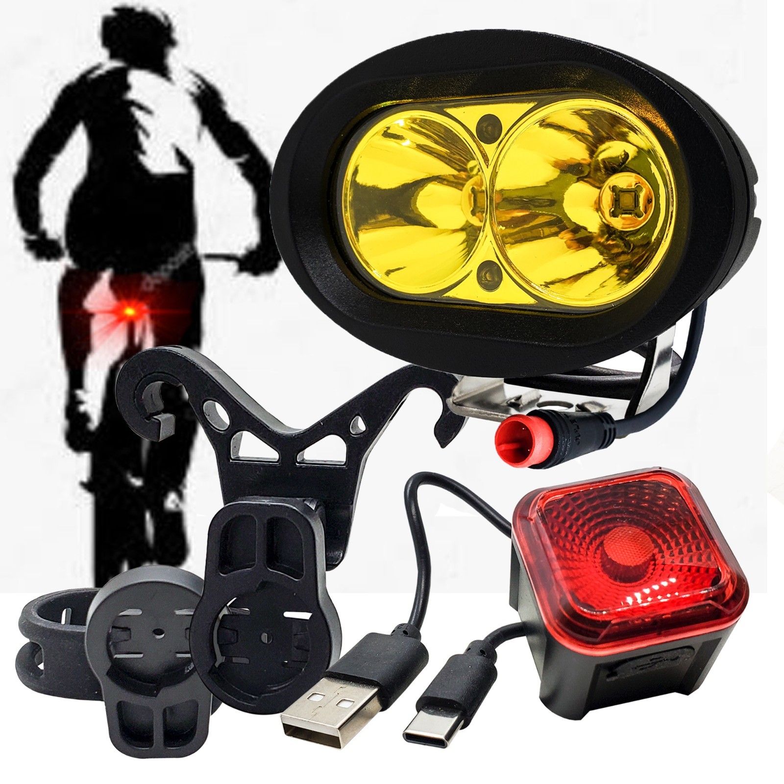 E-Bike Neon Yellow LED Headlight 2-Pin Julet Plug & Smart Brake Light Lectric