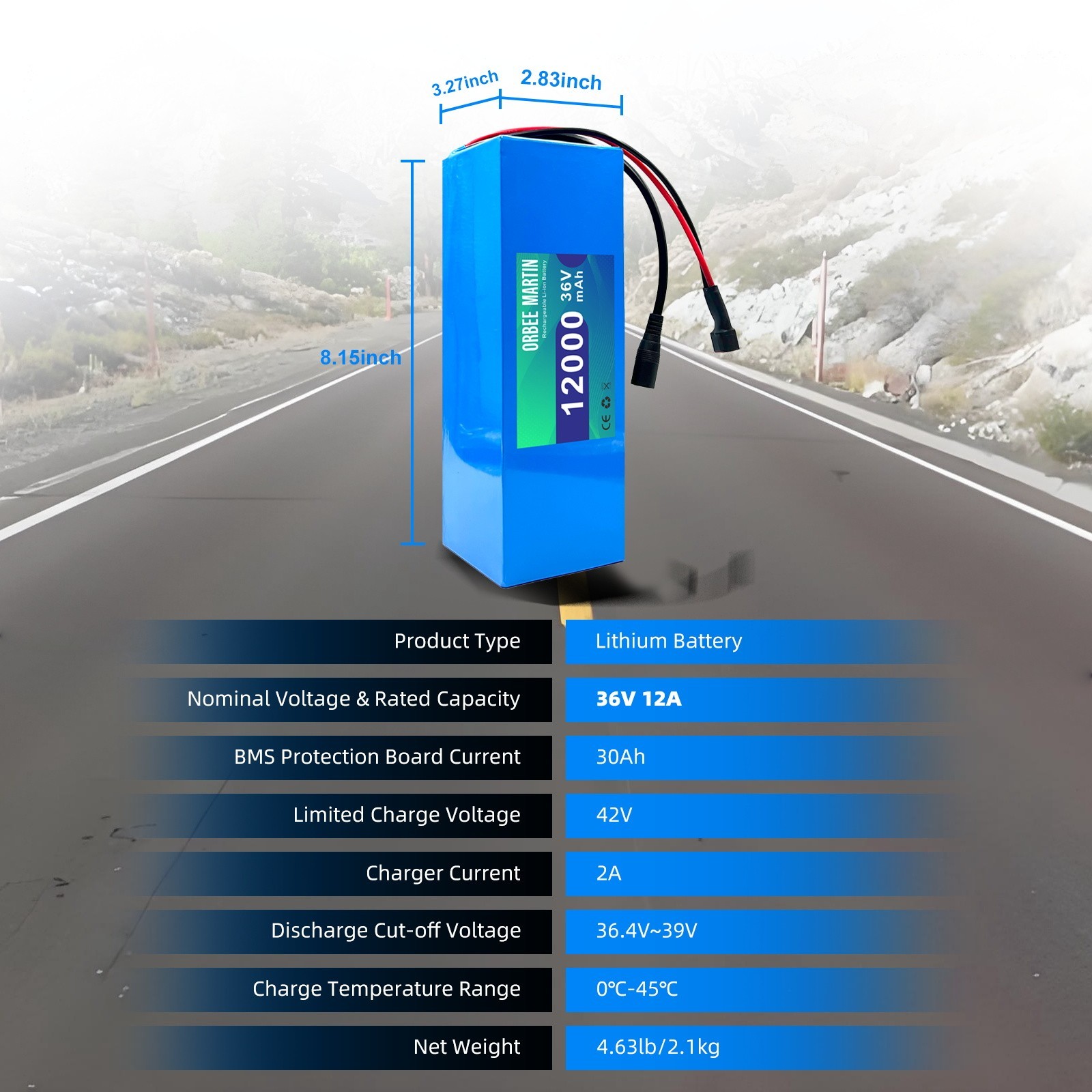 ORBEE MARTIN 36V 12Ah Rechargeable Battery, Lithuim Battery,XT60 Connector DIY