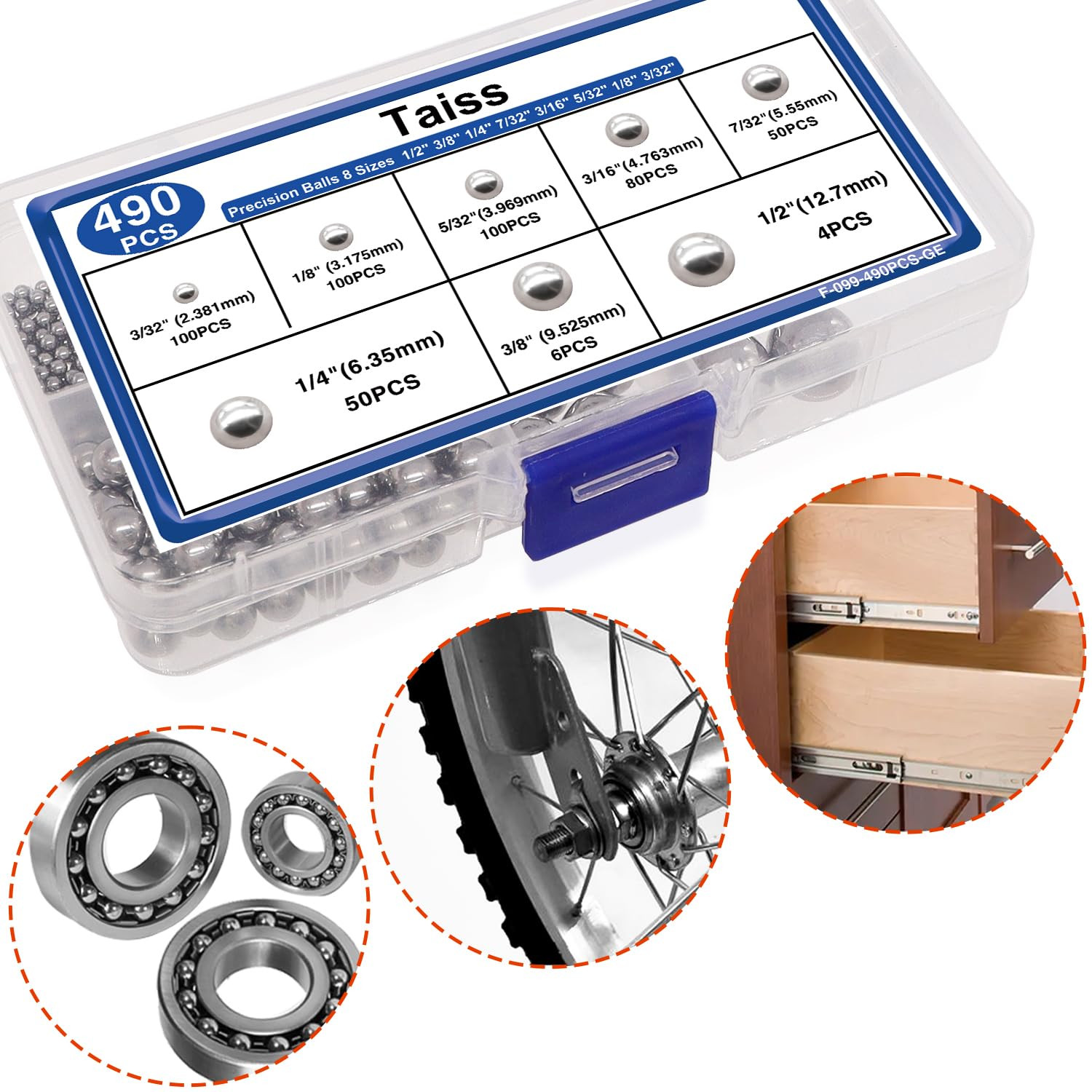 490PCS Precision Balls 8 Sizes,Bicycle Bearing Balls 1/2″ 3/8″ 1/4″ 7/32″ 3/16″