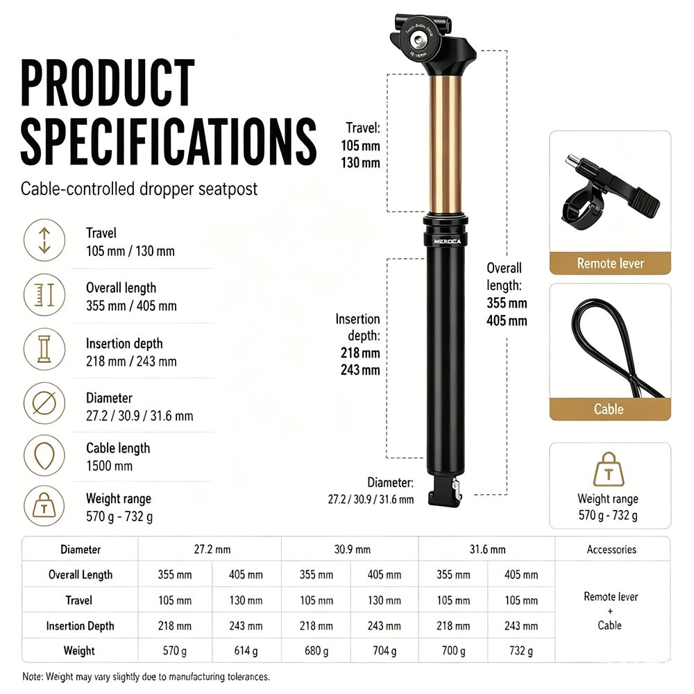 MEROCA Dropper Adjustable Seatpost MTB Bicycle Bike Internally Routed Post Parts