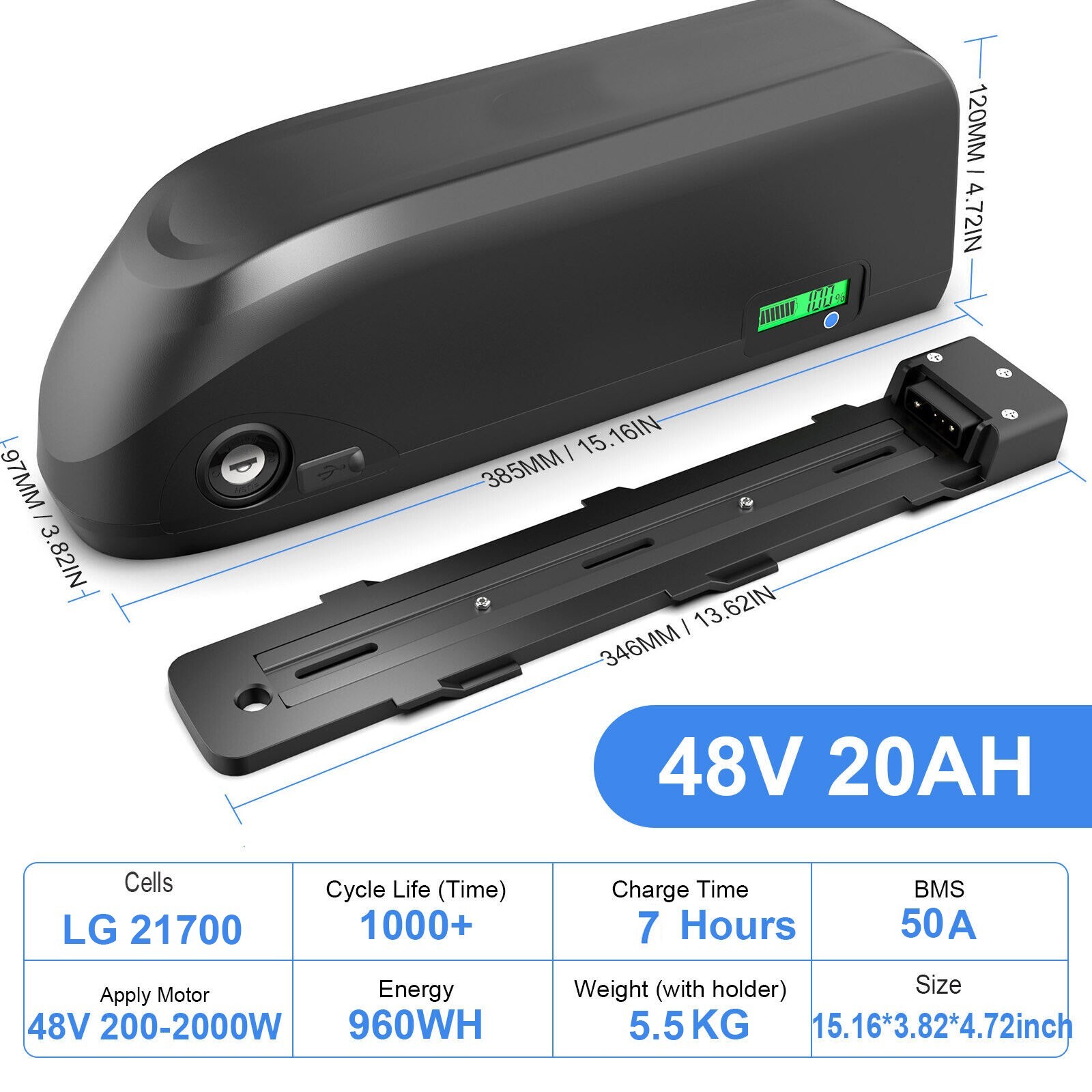 Samsung/LG 48V 20Ah Ebike Li-ion Battery Pack for 250W-2000W Electric Bike Motor