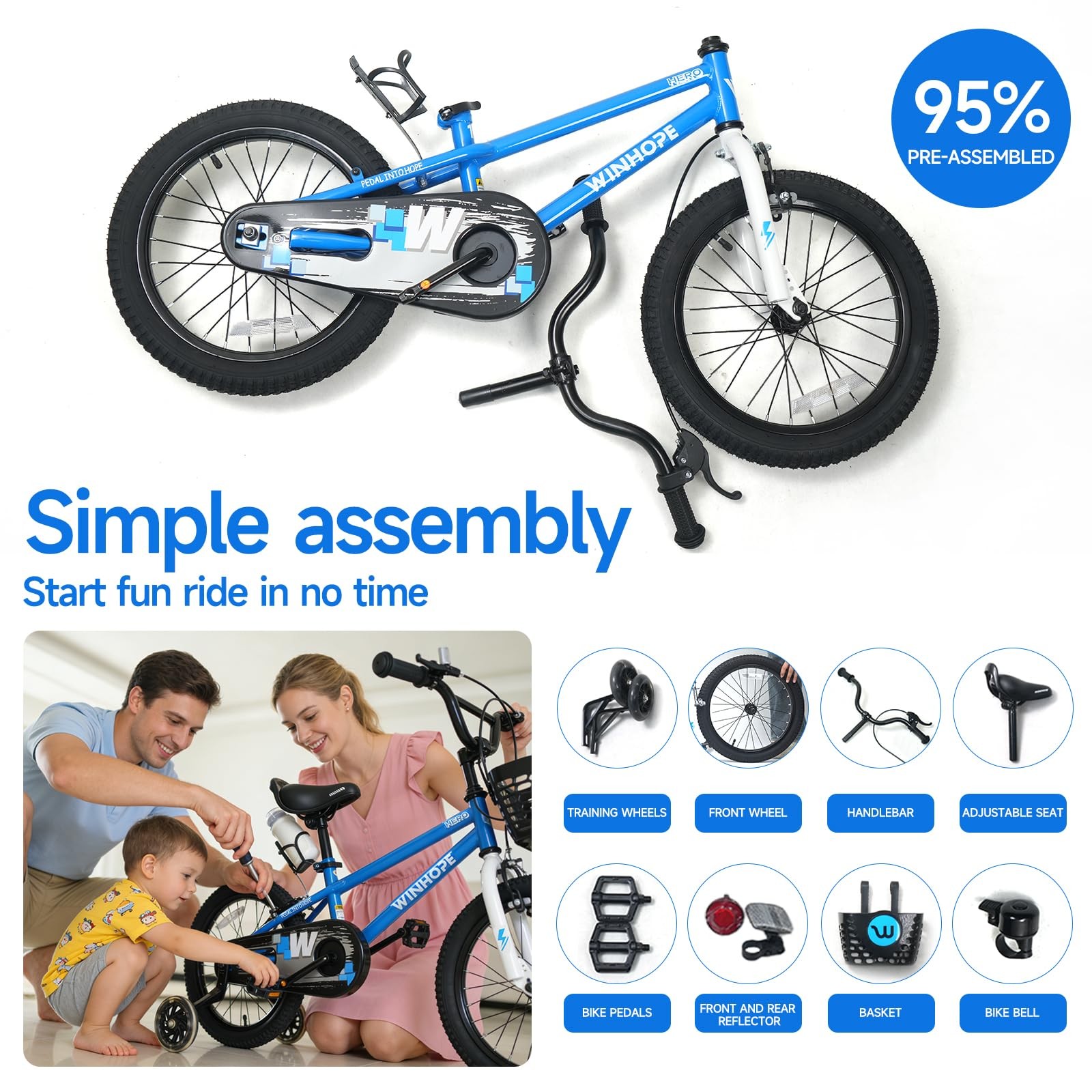 Winhope Kids Bike 12 14 16 18 Inch Children Bicycle Light Up Training Wheels
