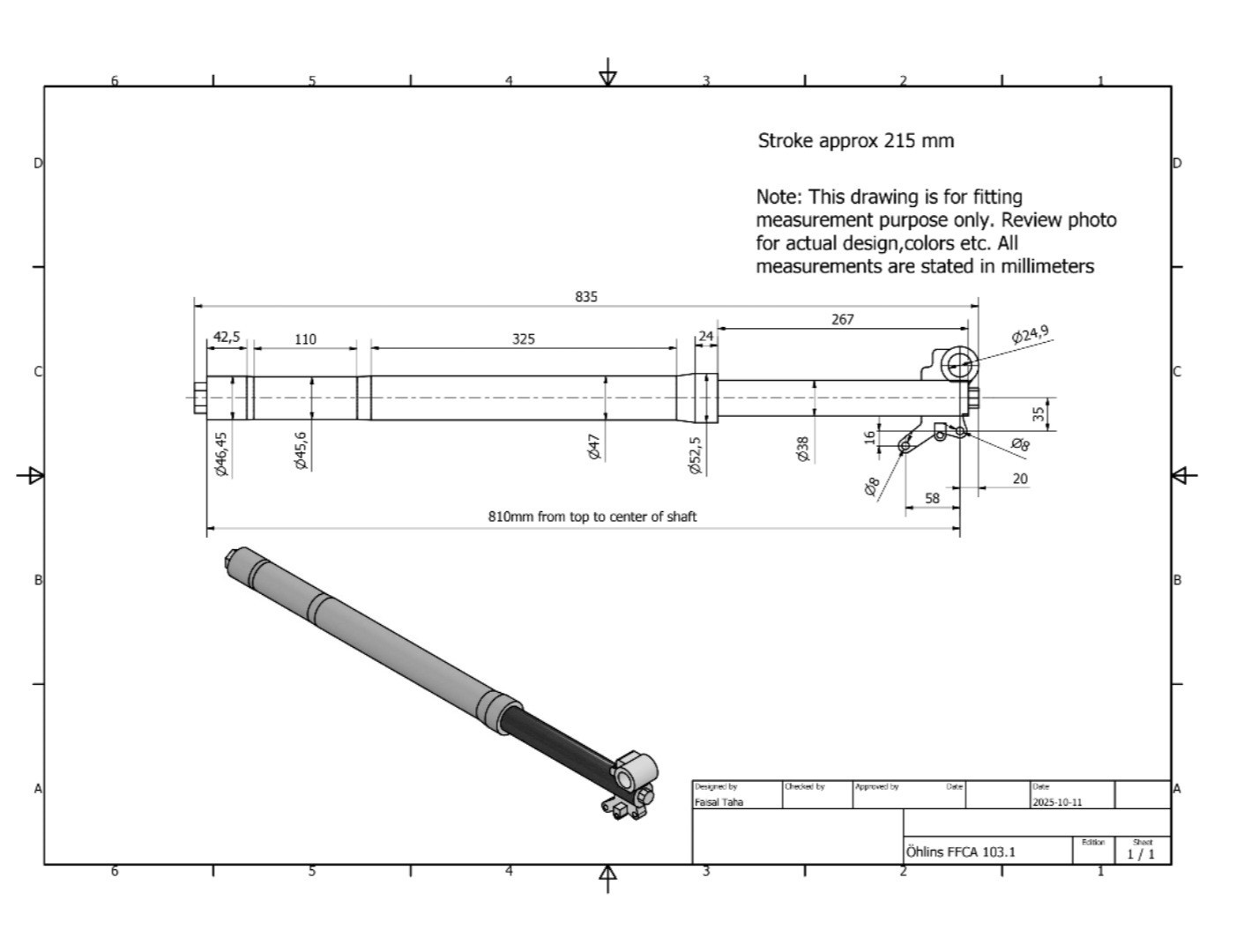 New Pair of Original Ohlins FFCA 103 front fork Measurement Drawing Attached