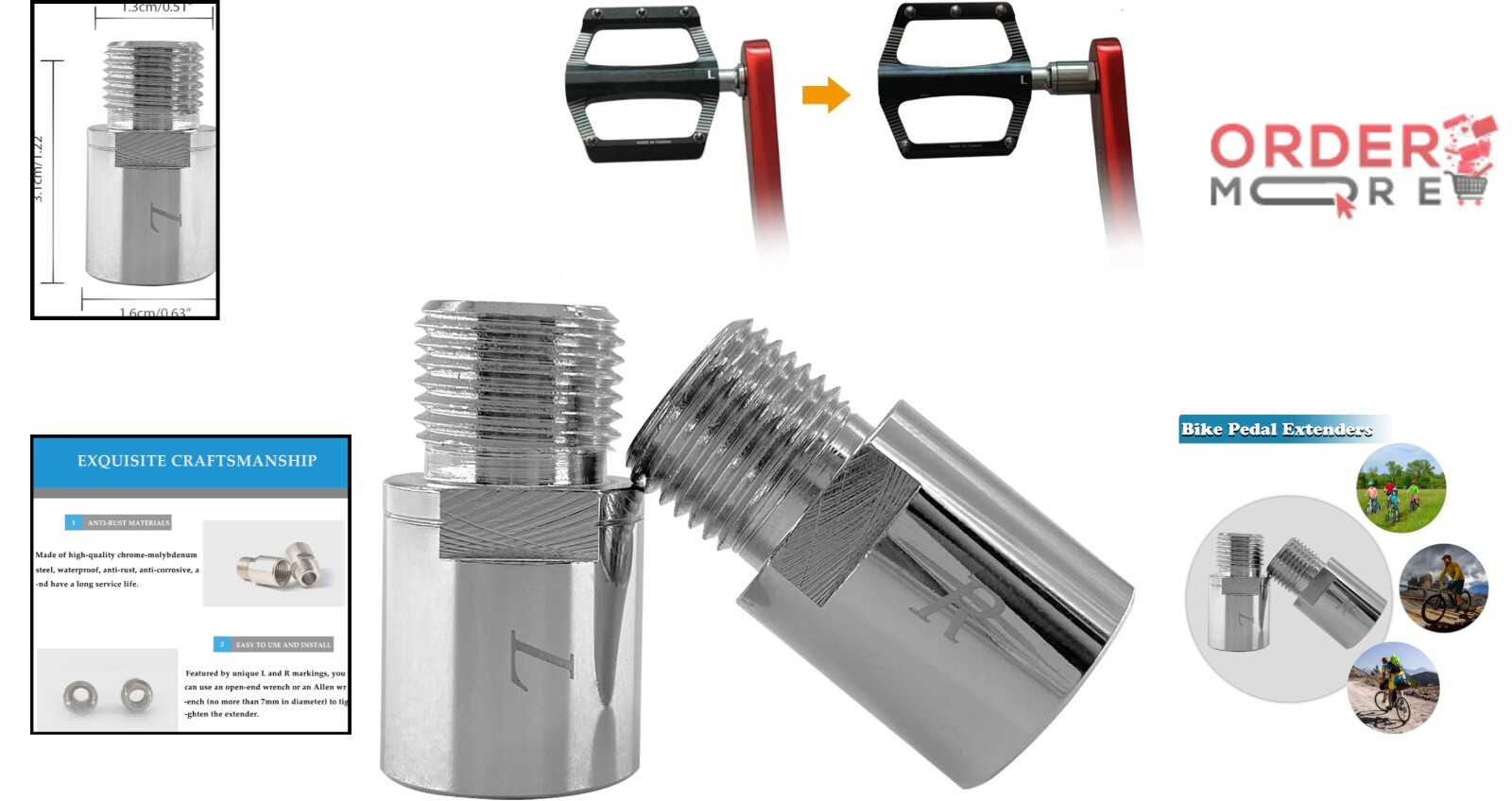 Bike Pedal Extenders Steel 20mm Anti-Rust Adjustable Comfort Multi-Use