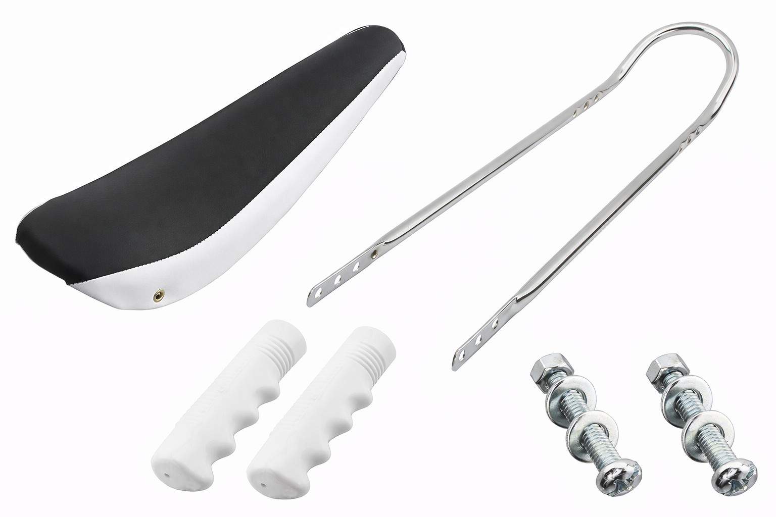 20″ Banana Seat Vinyl Black & White, Chrome Sissy Bar, 7/8� Grips 115mm � White