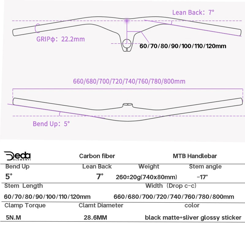 -17 Degrees Carbon Bike MTB Integrated Handlebar With Stem 60-120mm 600-800mm
