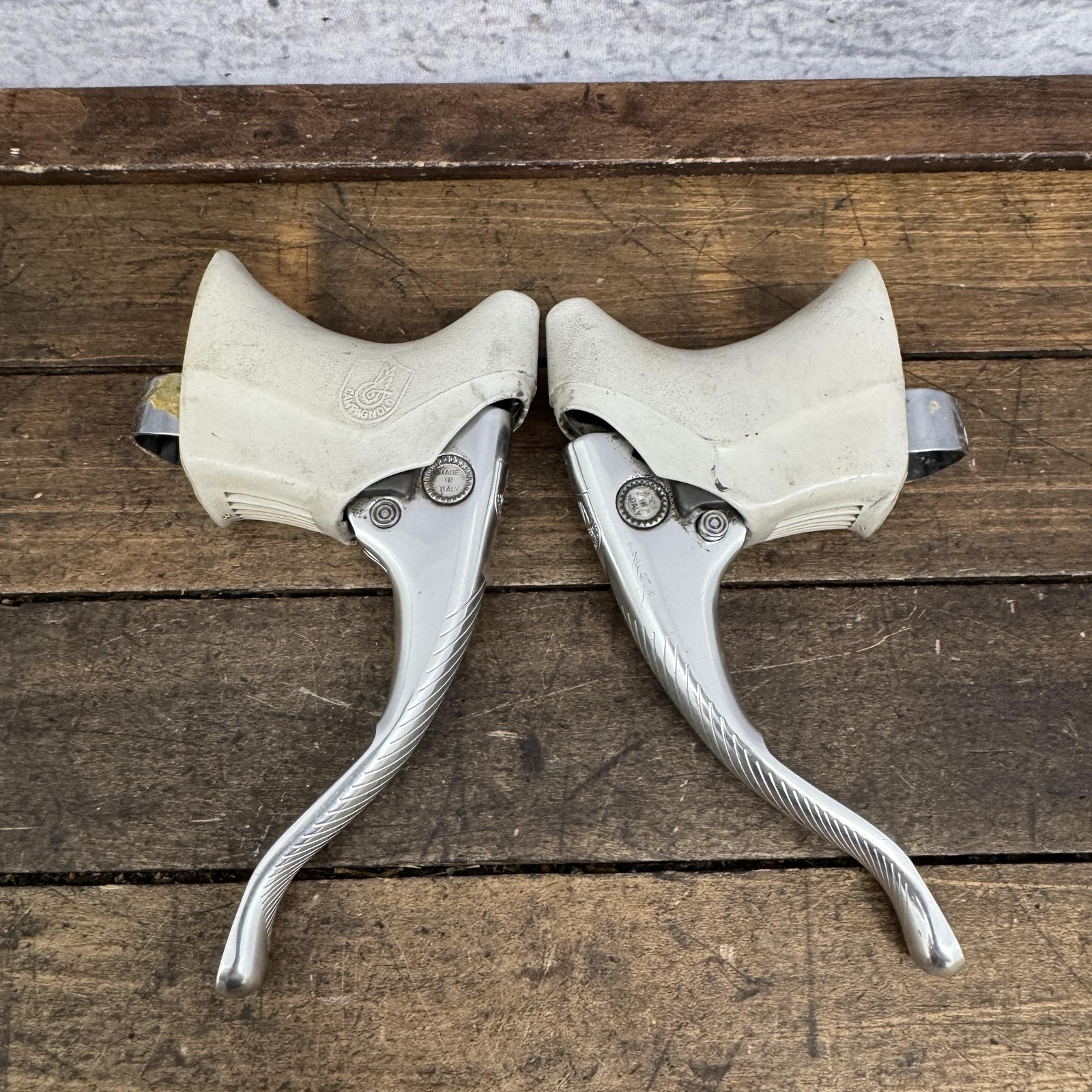Vintage Campagnolo Brake Levers C-Record Chrous White Hoods 4-Finger Drop Bar