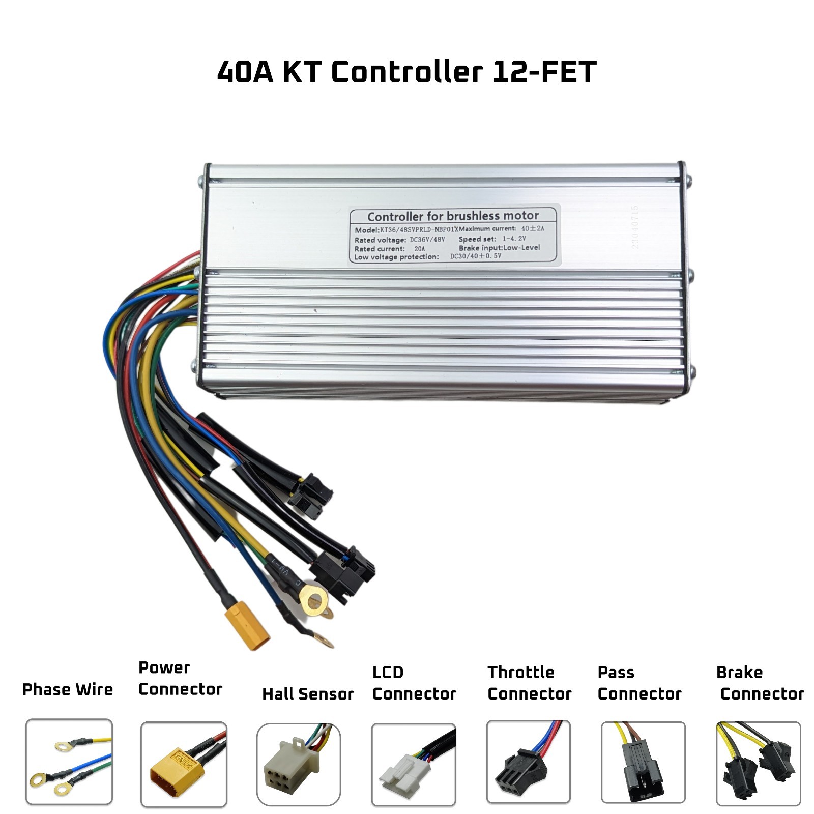 Ebike Controller 36/52V 1500/2000W 12-FET 40A KT Sine Wave Brushless Motor