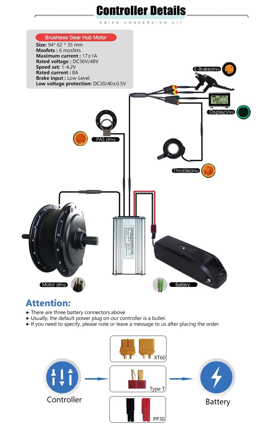 Electric Bike Conversion Kit 36V 48V 350W Rear Rotate Hub Motor Waterproof Plug