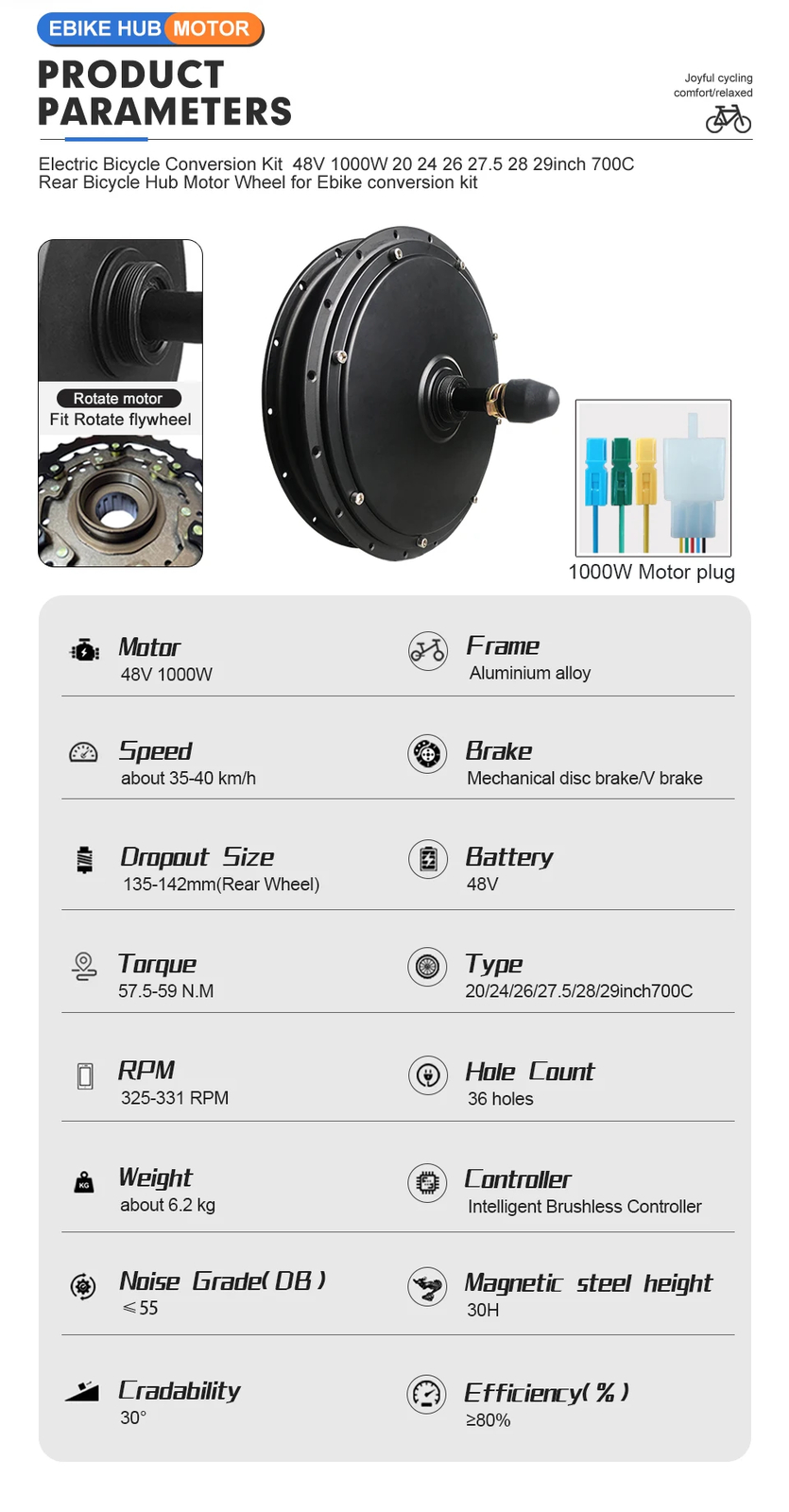 E-bike Conversion Kit 48V 1000W Brushless Gearless Rear Rotate Hub Motor Wheel