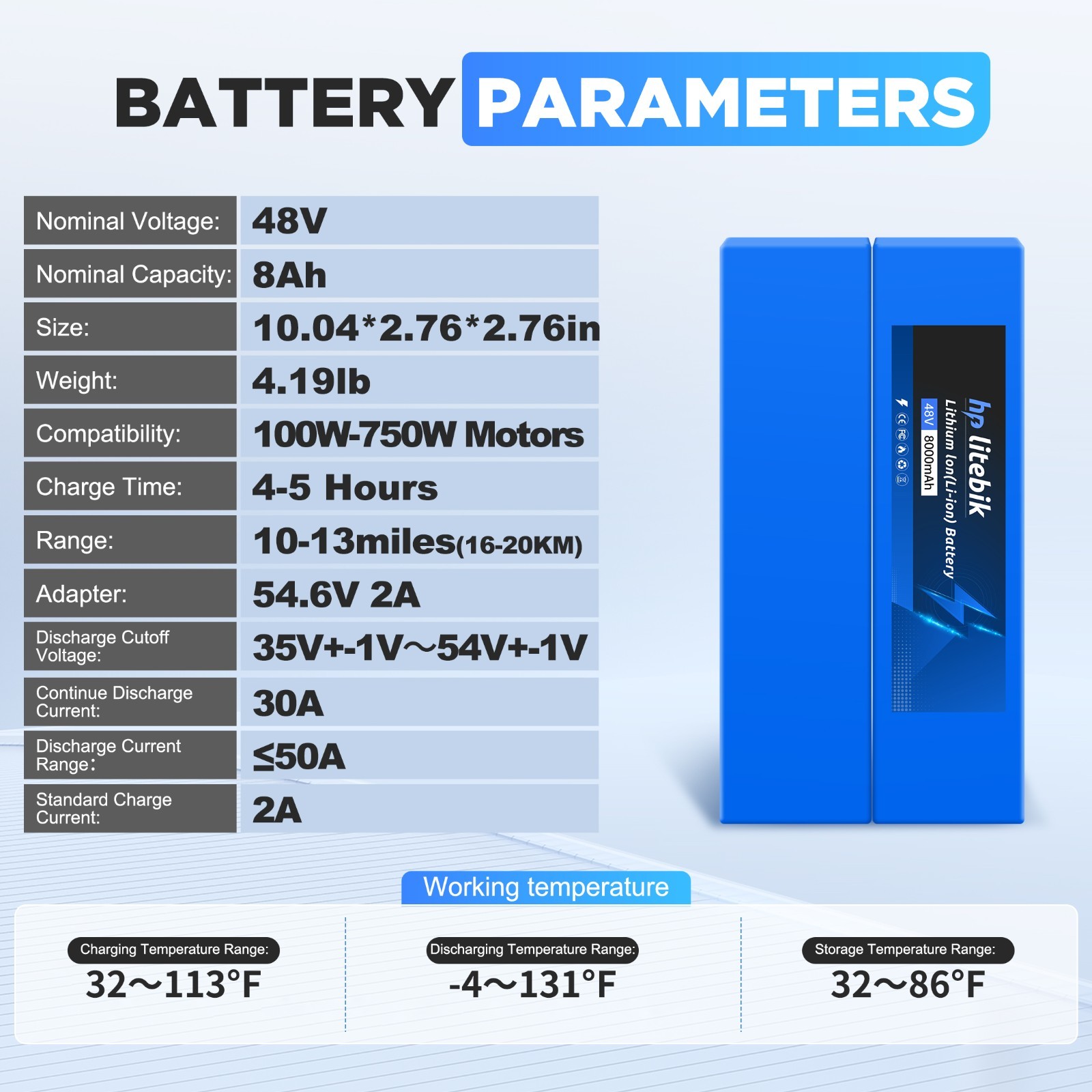 48V Ebike Battery 48V 8AH Electric Bicycle Battery for Ebike 100W-750W Motors