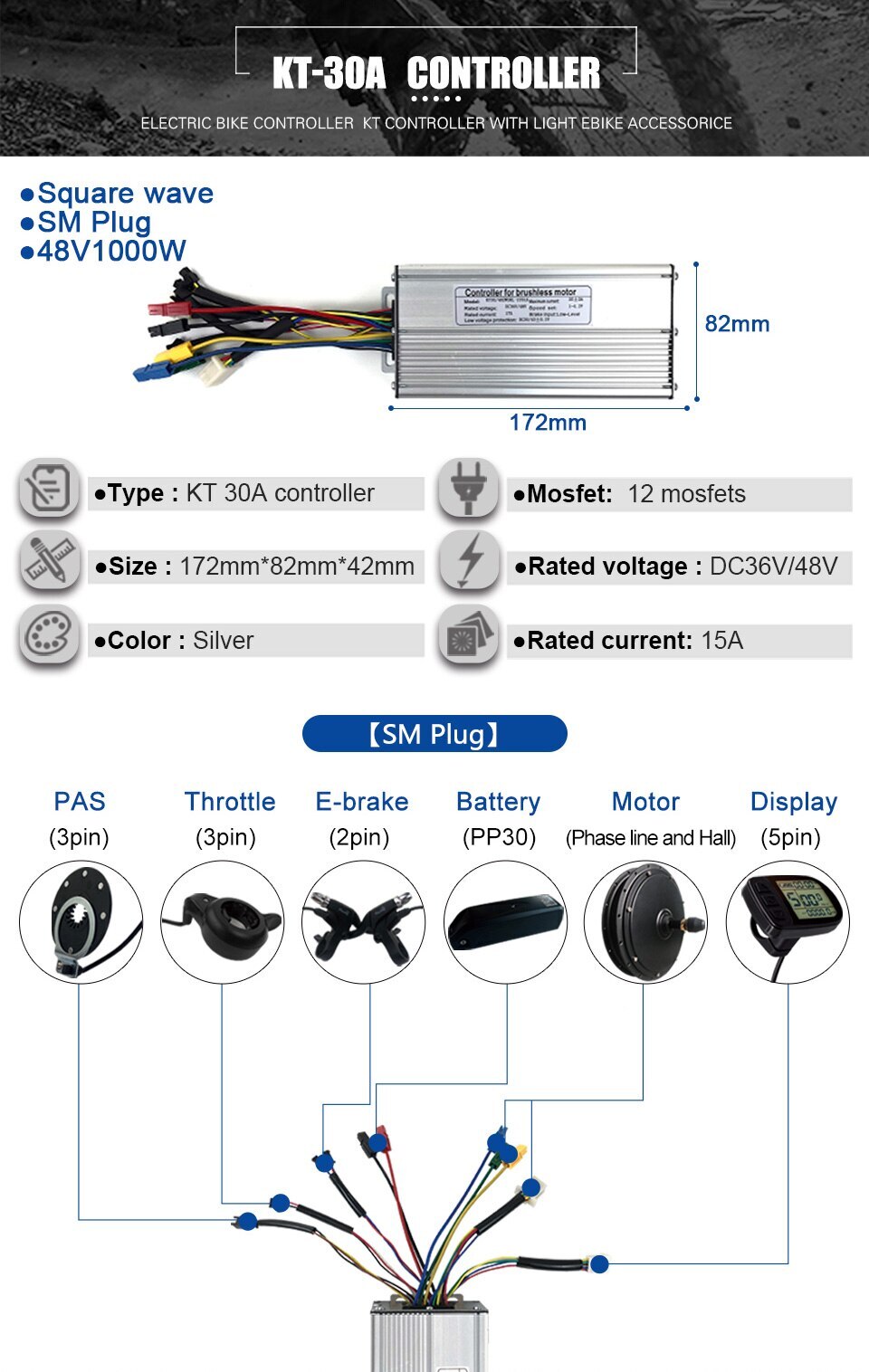 Electric Bike Controller 24V 36V 48V 250W-1500W Squarewave Controller